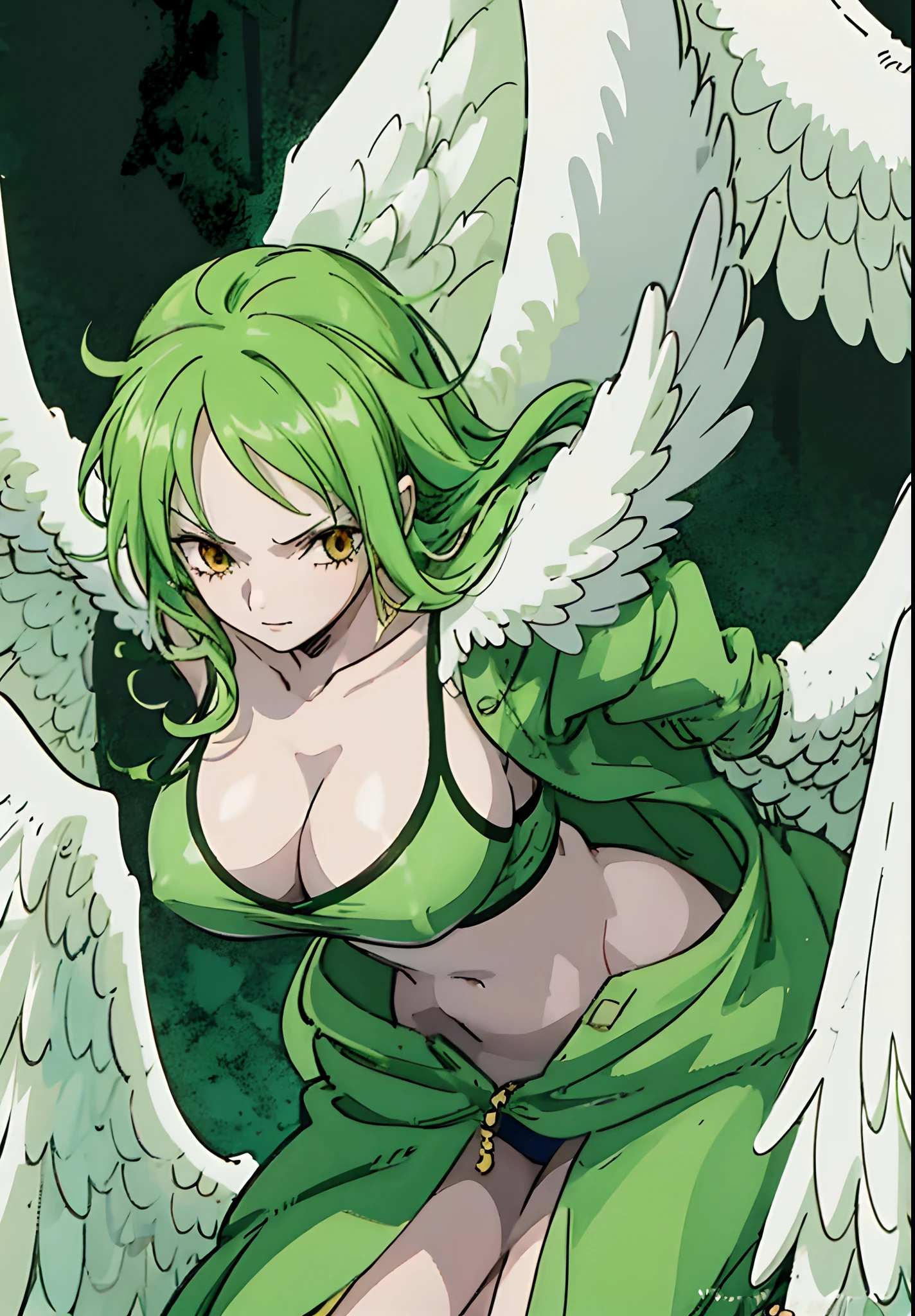 a girl, green hair, harpy wings, harpymonet