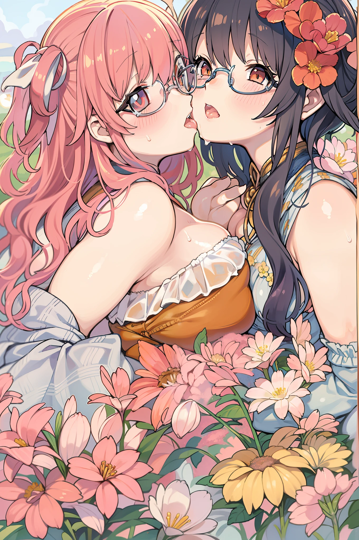 Two-dimensional girl enjoying flowers、huge-breasted、big round glasses、bbw,Large Thigh、Two girls、embracing each other、Deep kissing、the kiss、lesbian、red blush
