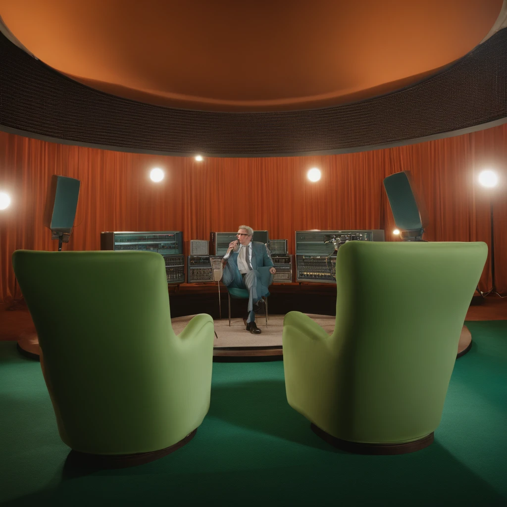 1970s, tv studio, orange and soft light green armchairs with siver glittering finishes, cameras, armchairs, microphones, magical atmosphere, presenter reviewing the script , tv host with suit, stars and bokeh, pastel colored curtains, vintage, retro futuristic, cinematic, 8k, depth of field, studio light, silk