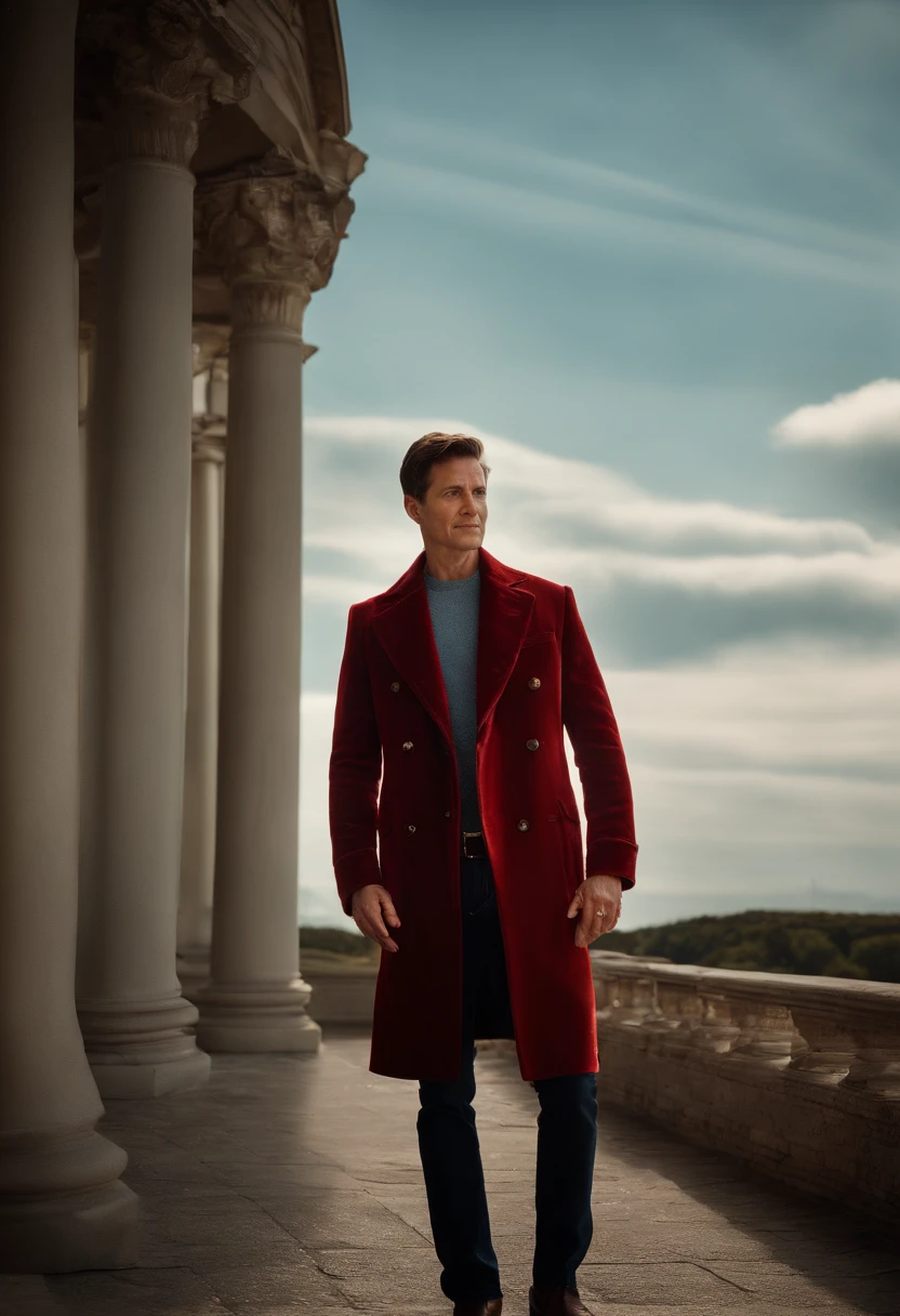 A handsom man in red, the style of patrick demarchelier. wearing a red velvet jacket and blue jeans , Tall and fit, (40 years old:1.1), (shaven:1.2), (short brown wave hair:1.5),(very short hair:1.6). in the style of ethereal beauty, realistic blue skies, hasselblad 1600f, hyper-realistic portraiture, bold colors, dynamic lines, smooth and polished .
