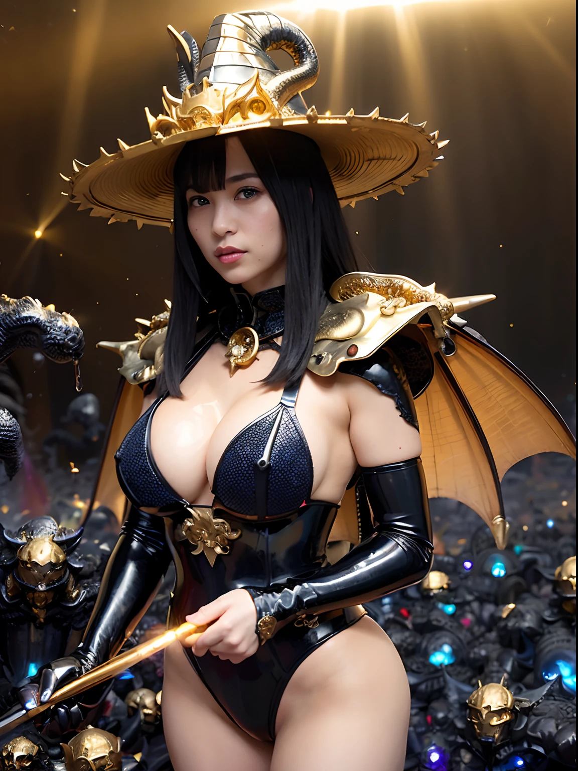 ((World of Darkness)),Professional , masterpiece、top-quality、photos realistic , depth of fields 、(((With a magic wand of gems))),(Dragon Black Metal Body:1.9),(latex black-blue、(cleavage of the breast)、Dragon Gold Weapon、(((Particles of light))),(Micro Bikini Armor:1.7),Gorgeous gold weapons ,(Fight dragons)、Seductive look、,Blood on the face,Blood Rain,Blood fog、(blood splattere、((((With a shining magic wand))), ) , (((Wearing a black latex wizard hat))),(demonic wings) ,((a blond))、(Castle background)、((Gangle's forest background))、Beautiful Caucasian beauty、1a person、dynamic ungle,(((Detailed and ornate dragon wizard hat)))、Smaller head、A smile、Castle background、Thin and beautiful female hands、cleavage of the breast、Soldier in iron armor on background、Mystical expression、Light Effects、intense fighting、Wind-effect、magic circles、With the legendary magic wand、Dragon's tail、explosions、Toostock、Toostock、