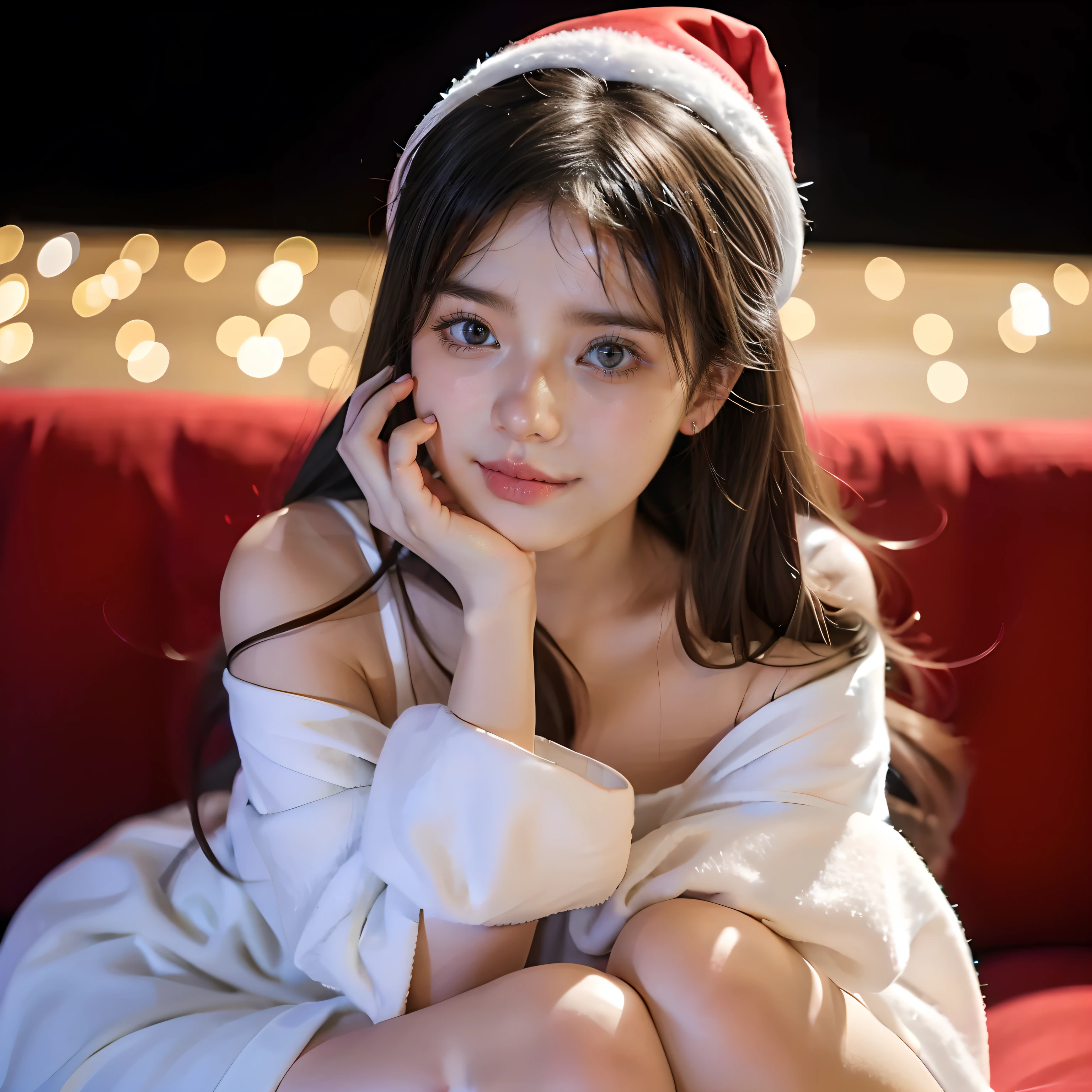 (One girl:1.5)、、a beauty girl、Christmas Costumes、Santa Claus Costume、kawaii、HDTV、hiquality、Super beautiful、Super masterpiece、Beautiful skin、perfect hand、Perfect fingers、8K、A slight smil、Super beautiful、8K、realisitic、HDTV、top-quality、Super masterpiece、