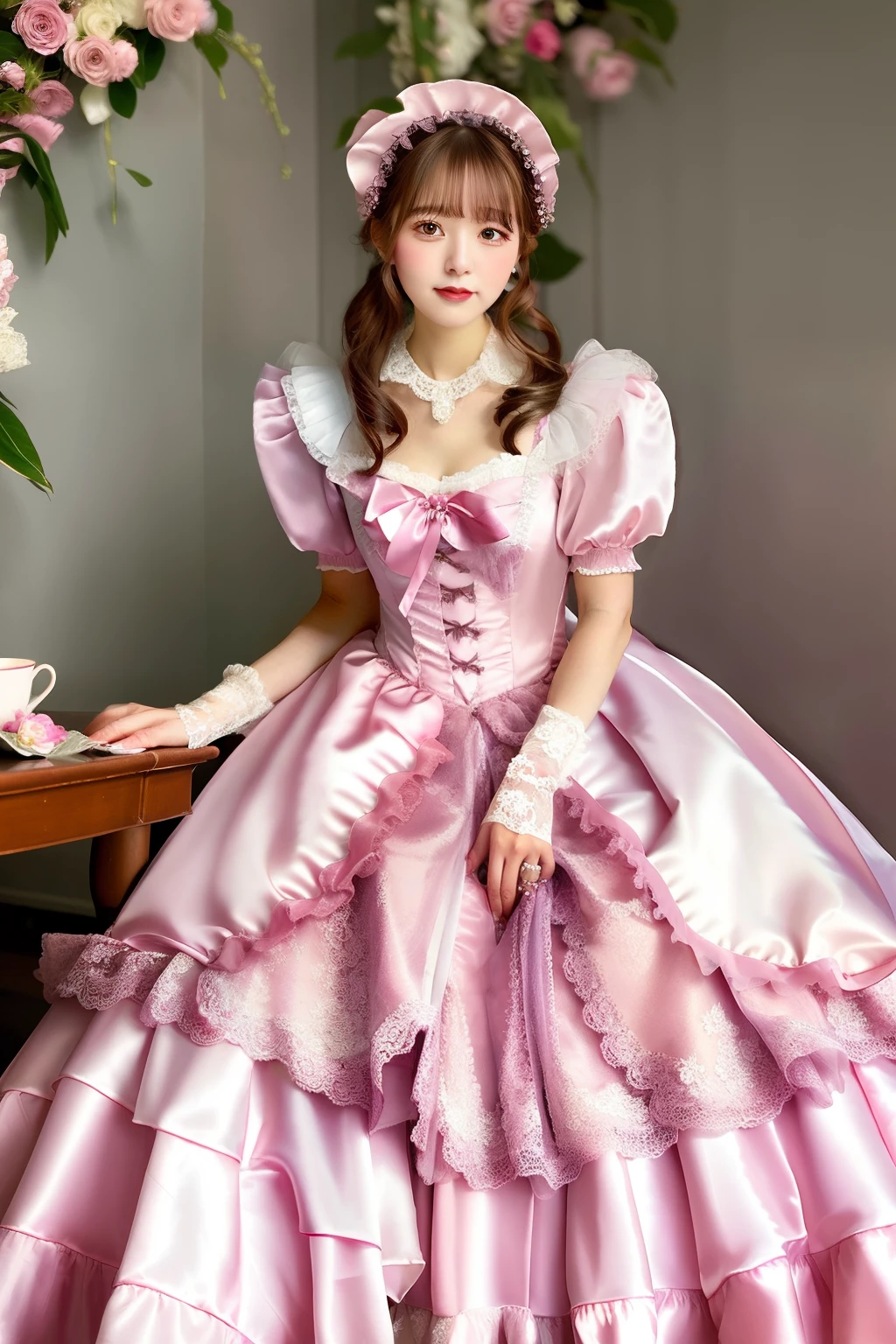Close up portrait of woman in pink satin dress and white satin gloves, rococo dress, rococo queen, Victorian pink dress, rococo ruffles dress, dress in the style of rococo, fantasy dress, ta style, ethereal fairy tale, Icy Pink Dress, victorian dress, Loliashion, magical dress, Full dress, fairycore, Belle Delphine