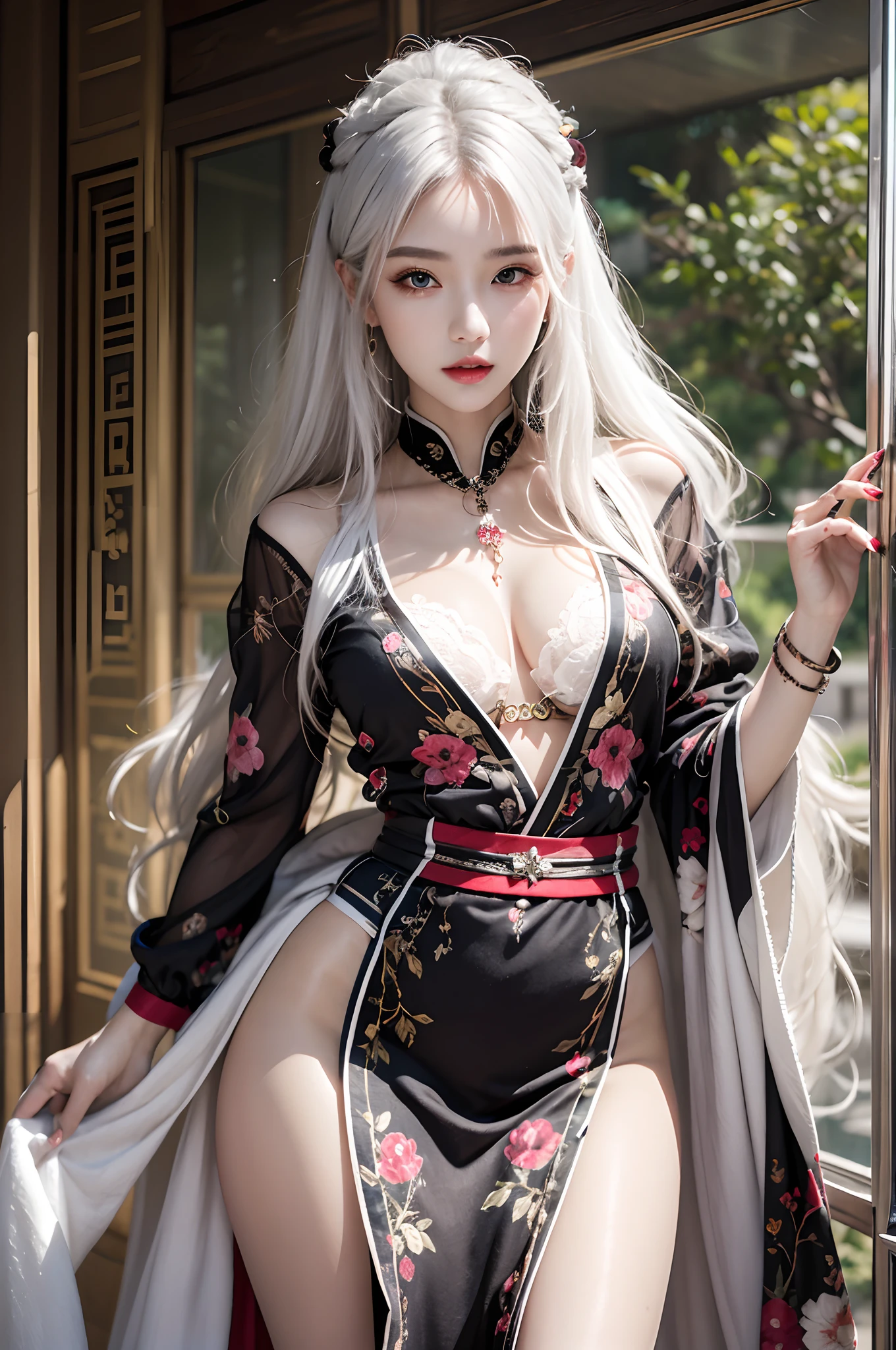 Photorealistic, high resolution, 1 woman, Hips up, Beautiful eyes, Long hair, ringed eyes, jewelry, tattoo, white hair, hanfu