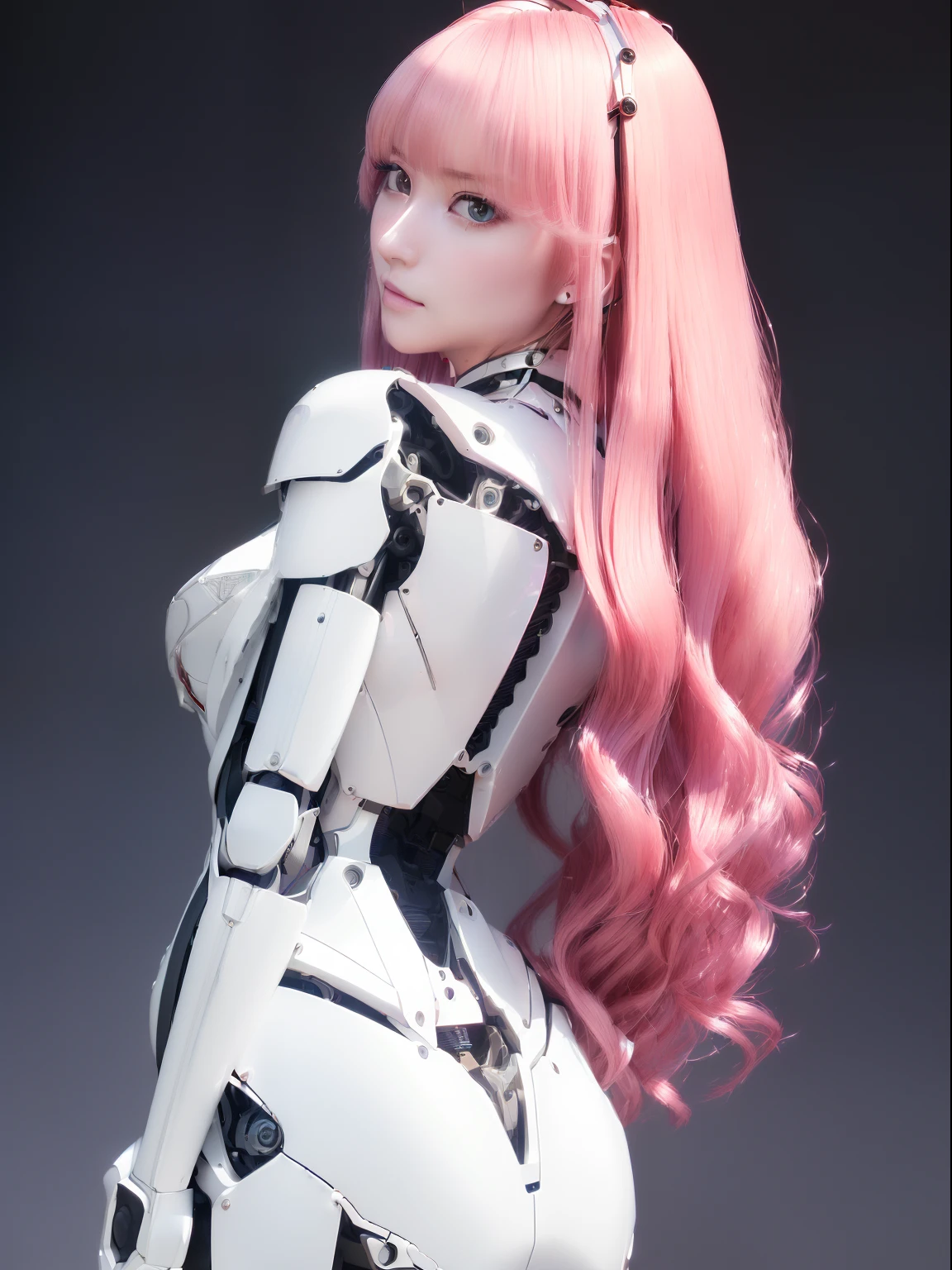 ((masutepiece)), ((top-quality), high quarity、ultra-definition, Realistic, fulcolor 、One beautiful robot woman、Joints of machines、Frame of the machine、Wire Joints、White porcelain armor、(Curvaceous face)、deadpan、Pink Long Hair、Wide Shot、facing back