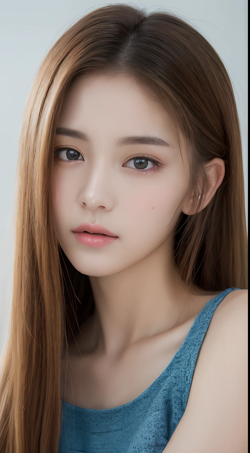 Close-up of a pretty very light brown haired young girl in her 20s, con cara de Wonyoung, Jang Wonyoung, doll eyes, estilo hiperfemenino y lindo, prendas rosadas. Balletcore. Prendas de ballet. Chica japonesa, very tender asian girl with pale skin, ojos grandes, ojos de bambi, labios gruesos, ropa rosa, ella tiene el cabello muy largo, se parece a Jang Wonyoung de ive, es Wonyoung, busto voluminoso, busto grande y notorio.
