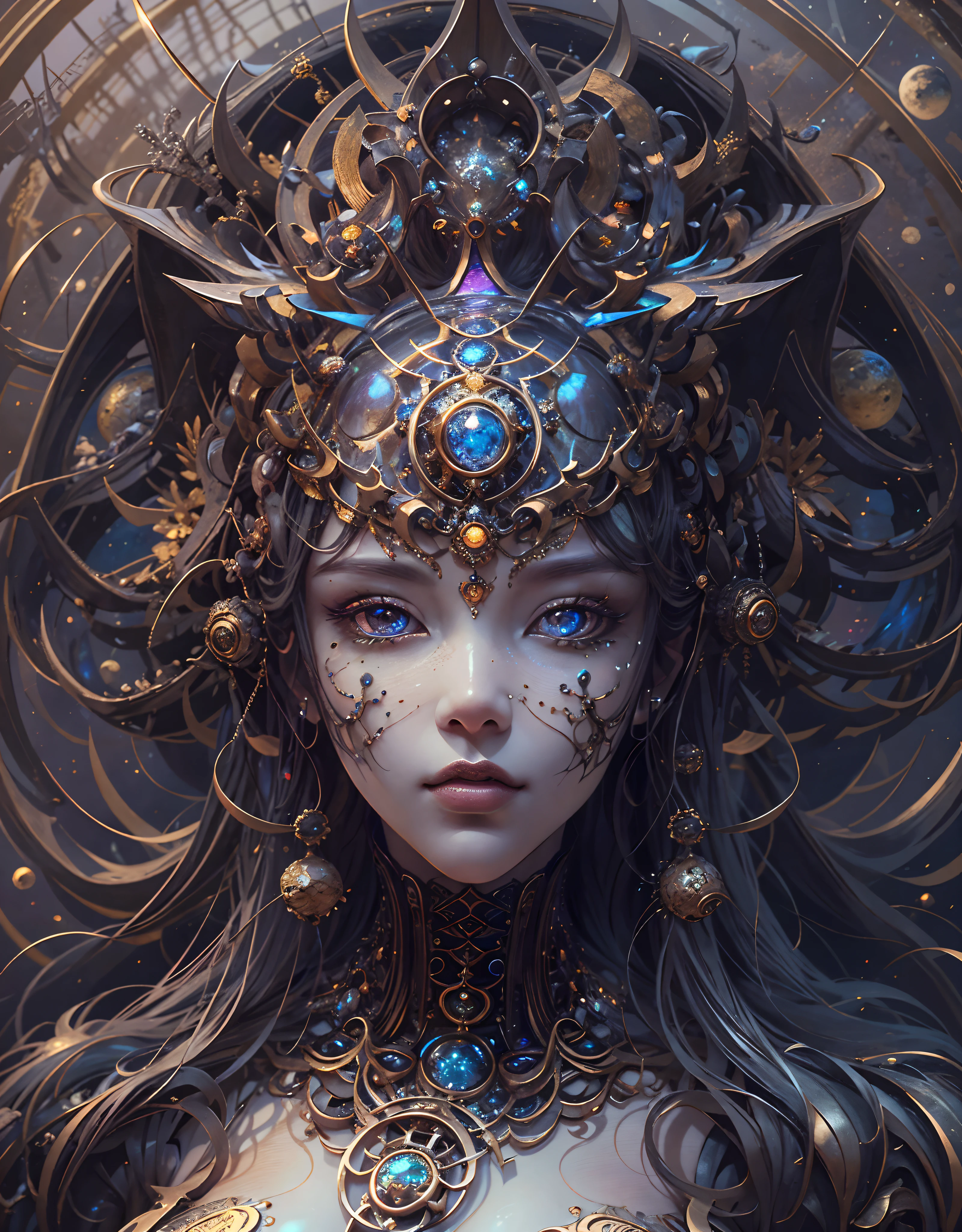 (best qualtiy，ultra - detailed，Most Best Illustration，Best shadow，tmasterpiece，A high resolution，professionalartwork，famousartwork），Eyes focus, Star sparkle particle around, Detailed eyes，beautidful eyes，closeup cleavage，sci-fy，colored sclera，Robot eyes，face markings，Tattooed with，（fractalized，Fractal eyes），largeeyes，Wide eyes，（Eye focus），sface focus，Cosmic eyes，Space eyes，Close-up of metal sculpture of a woman with a moon in her hair，goddes。extremly high detail，3 d goddess portrait，Extremely detailed footage of the goddess，a stunning portrait of a goddess，Side image of the goddess，portrait of a beautiful goddess，Full body close-up portrait of the goddess，hecate goddess，portrait of a norse moon goddess，goddess of space and time, sea art 2.1, goddess sea art 2.1, texture masterpiece, super detail, most perfect lighting, Asian Skin Tone