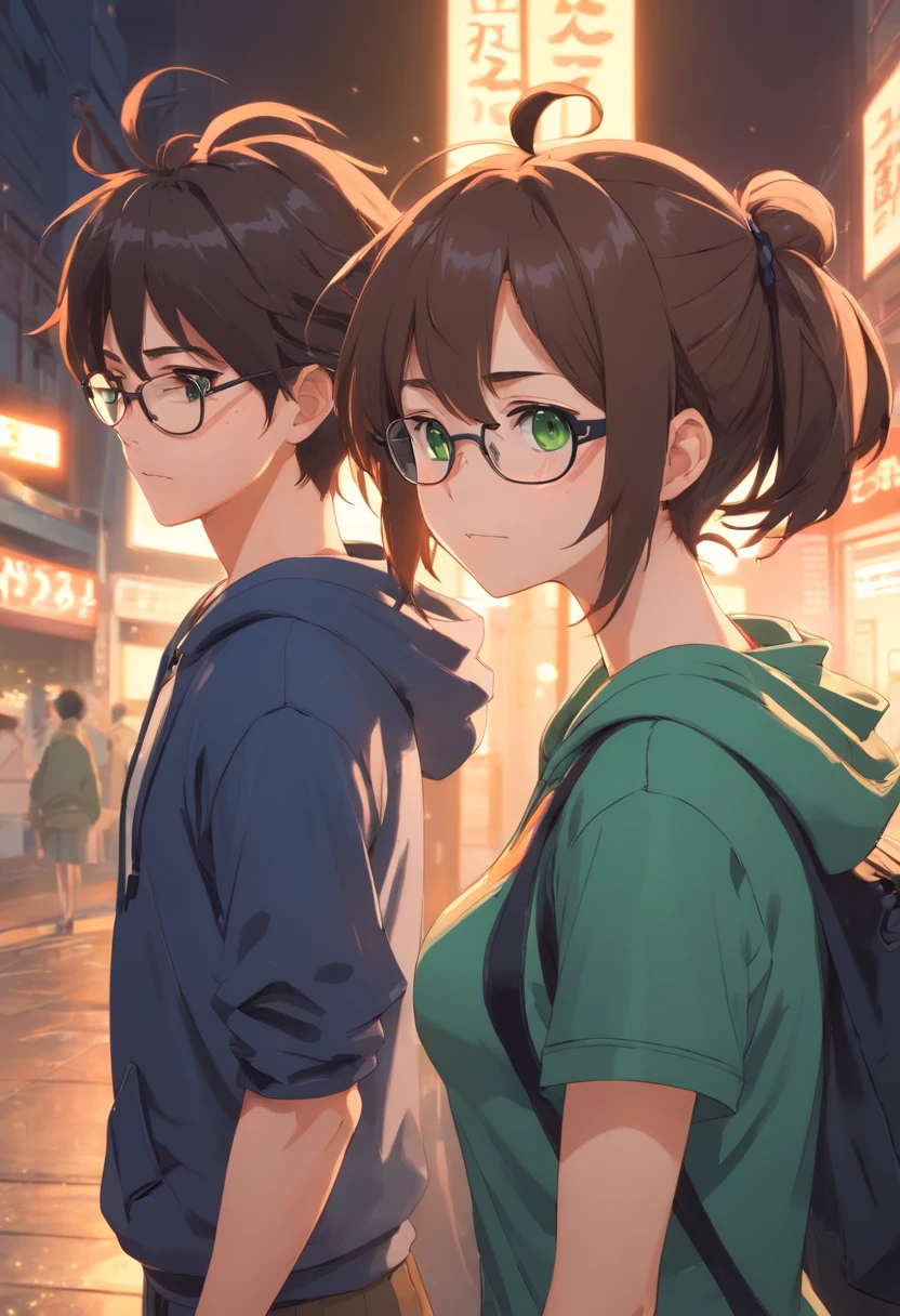 brown hair tied in messy bun, glasses, big boobs, green eyes, pointed ears, goth, black crop hoodie, black shorts, round glasses, black fishnet gloves and stockings, freckles, blushing, hentai, nsfw, sexual, having sex, big dick, porn, male x female, two people, sex with viewer