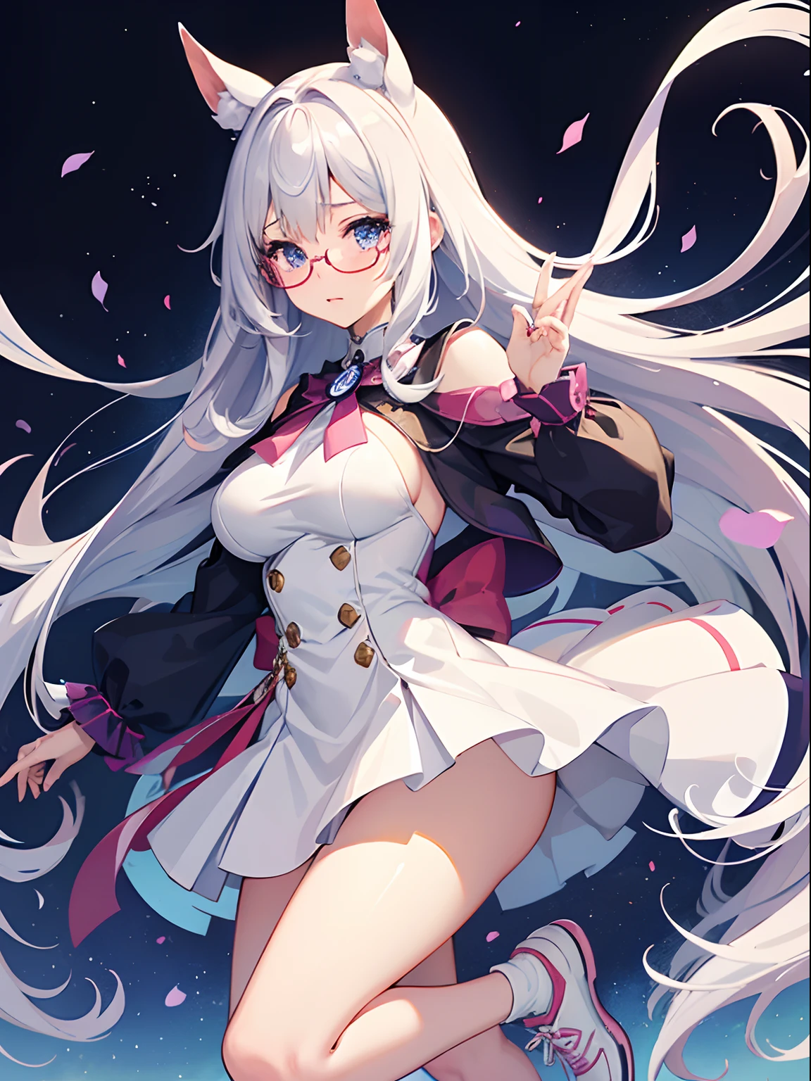 ((Best Quality)), (ultra-detailliert), ((Extremely detailed)), (Beautiful), ((Kawaii Girl)),((masutepiece)),Blue eyes、Hair is white、Longhaire、Quirk hair、Horse ears,Horse tail、tall、Breasts are big、White running clothes on purple background、Lavender colored black running shoes、Red under-rim glasses、animesque、Uma Musume,One girl,Biwahayahide