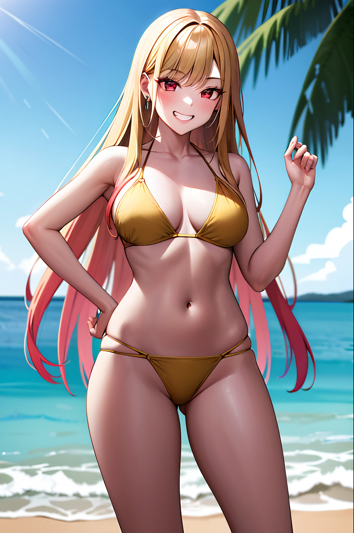 masterpiece, best quality, highres, kitagawa marin, 1girl, blonde hair, long hair, multicolored hair, red eyes, jewelry, earrings, piercing, yellow bikini, on the beach, grin, smile, standing, cowboy shot, outdoors,