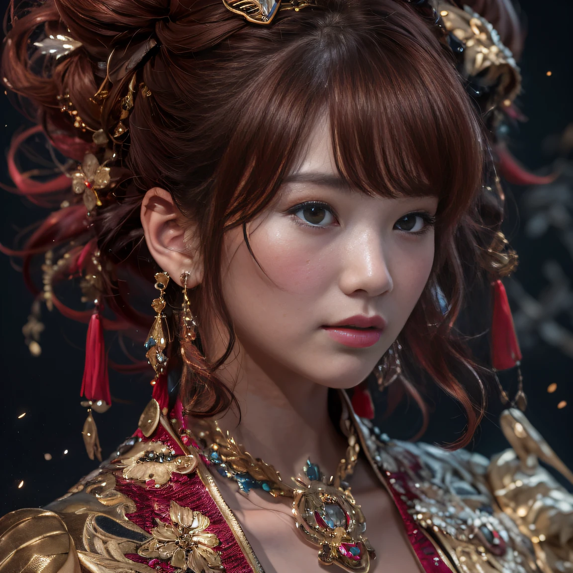 32K gradient glass texture（tmasterpiece，k hd，hyper HD，32K）Short burgundy hair，Short flowing hair，Onsen District，Flame Girl ，Yao Lang protector （realisticlying：1.4），Python pattern robe，Black gold master Kawashima work headdress，Snowflakes fluttering，The background is pure，Hold your head high，Be proud，The nostrils look at people， A high resolution， the detail， RAW photogr， Sharp Re， Nikon D850 Film Stock Photo by Jefferies Lee 4 Kodak Portra 400 Camera F1.6 shots, Rich colors, ultra-realistic vivid textures, Dramatic lighting, Unreal Engine Art Station Trend, cinestir 800，Hold your head high，Be proud，The nostrils look at people，Short burgundy hair