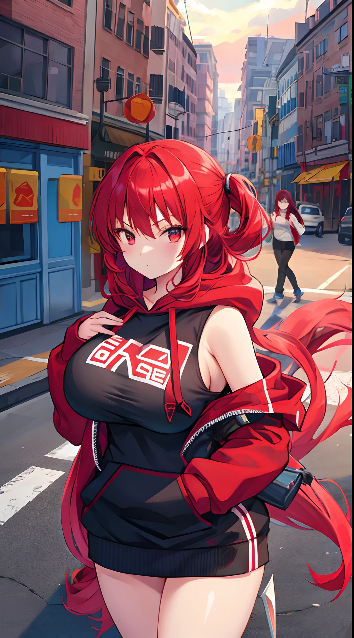 Girl, big boobs, red hair, long hair, Hoodie, armored, bigsword