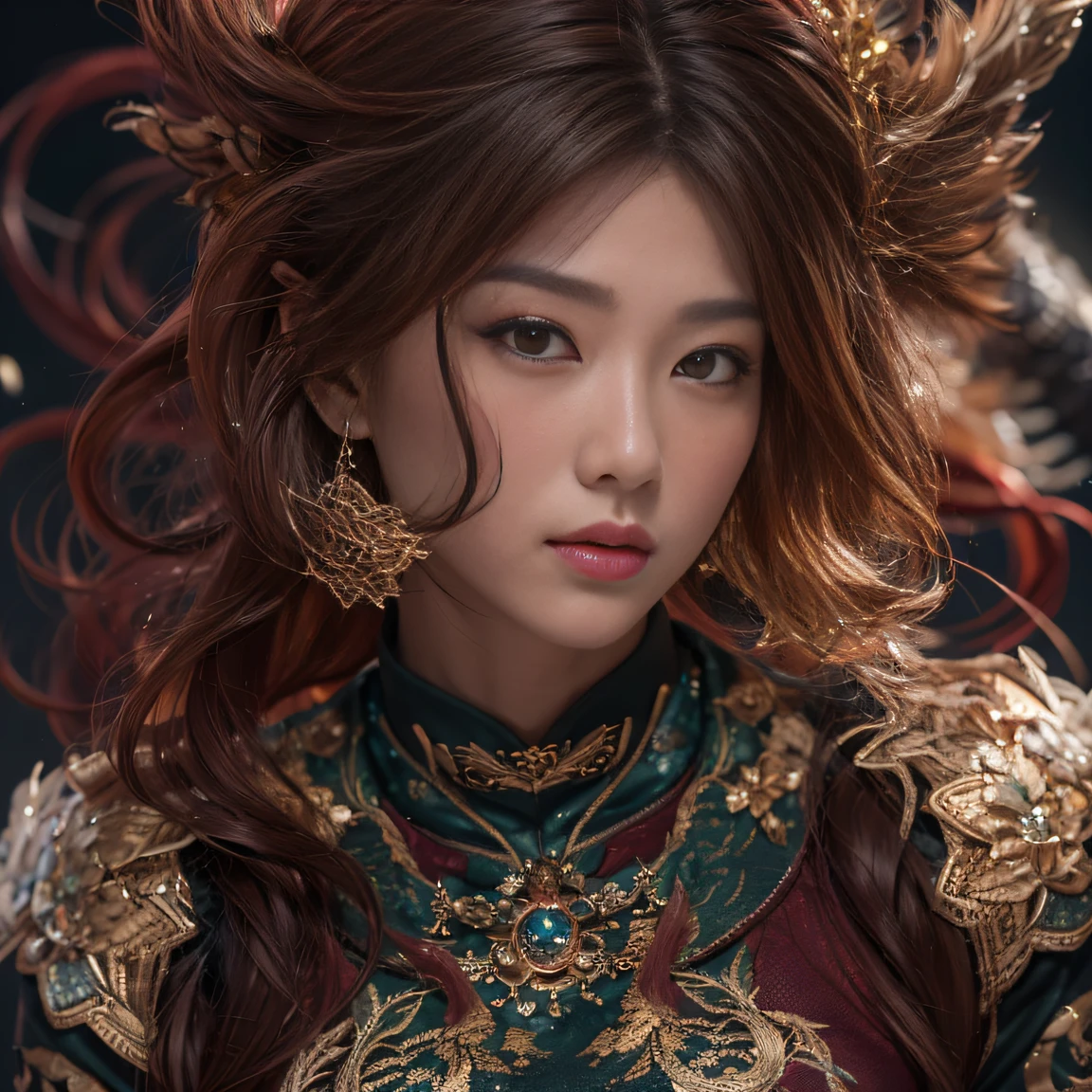 32K gradient glass texture(tmasterpiece,k hd,hyper HD,32K)Short burgundy hair,Short flowing hair,Onsen District,Flame Girl ,Yao Lang protector (realisticlying:1.4),Python pattern robe,Black gold master Kawashima work headdress,Snowflakes fluttering,The background is pure,Hold your head high,Be proud,The nostrils look at people, A high resolution, the detail, RAW photogr, Sharp Re, Nikon D850 Film Stock Photo by Jefferies Lee 4 Kodak Portra 400 Camera F1.6 shots, Rich colors, ultra-realistic vivid textures, Dramatic lighting, Unreal Engine Art Station Trend, cinestir 800,Hold your head high,Be proud,The nostrils look at people,Short burgundy hair