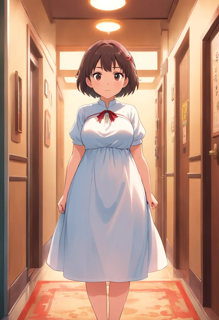 Anime girl in a white dress stands in the hallway, thicc, small curvy loli, oppai, seductive anime girl, Very_Detailed!!, she has a jiggly fat round belly, Heavy hinge, Covering the breasts and SFW, shikamimi, Corner closure, by Kamagurka, pixiv 3dcg, Detailed!!, Obai pedigree