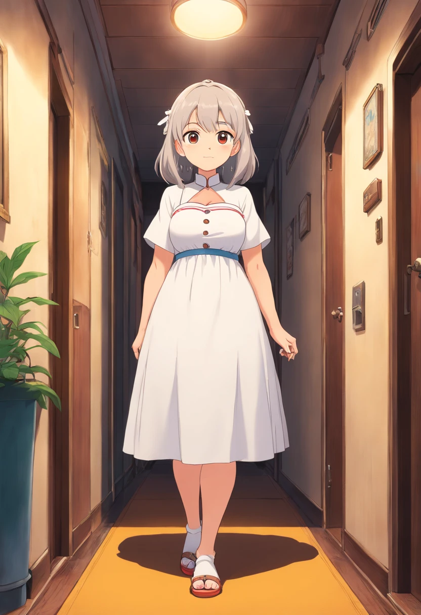 Anime girl in a white dress stands in the hallway, thicc, small curvy loli, oppai, seductive anime girl, Very_Detailed!!, she has a jiggly fat round belly, Heavy hinge, Covering the breasts and SFW, shikamimi, Corner closure, by Kamagurka, pixiv 3dcg, Detailed!!, Obai pedigree