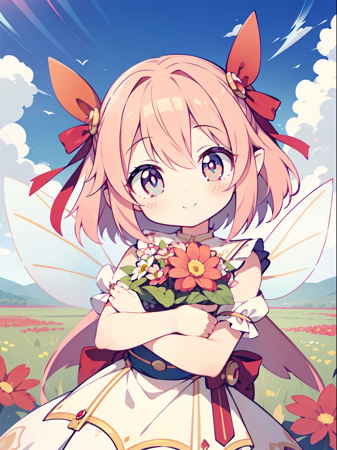 (1girl in:1.2), (Solo:1.2), nffsw、Shaders、Brilliant Textured Work、Ultra-detailed eyes、ultra-intricate pupil in eyes、top-quality、Draft style、Pink hair、Kirby Wind、bow ribbon(Kirby)、Red ribbons、fairy wings、red clothing、小柄、Two-headed body、Mini、chibi、a smile、Sapphire Eye、flower field、