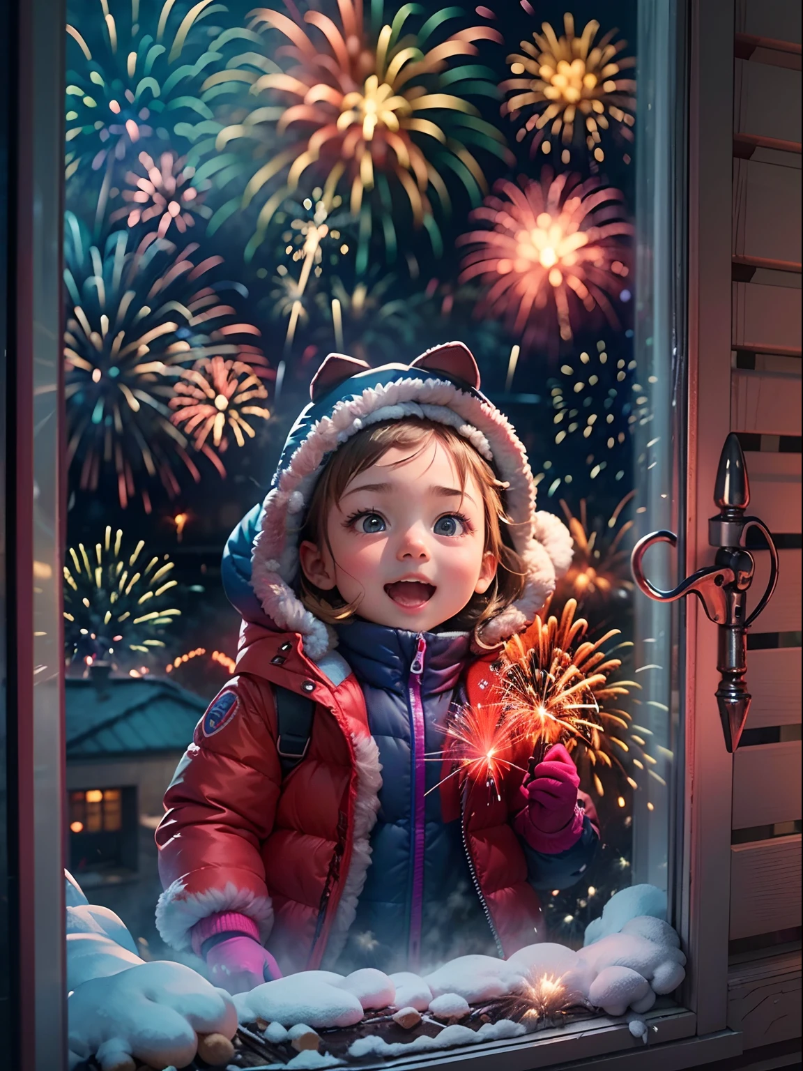 funny picture，at winter season，Cute  girl in red down jacket，Bring gloves，ear cover，eyes with brightness，Pleasantly surprised expressions，adolable，((Brilliant fireworks outside the window，Huge fireworks，Extremely colorful，Colorful))，HD，Photorealsitic