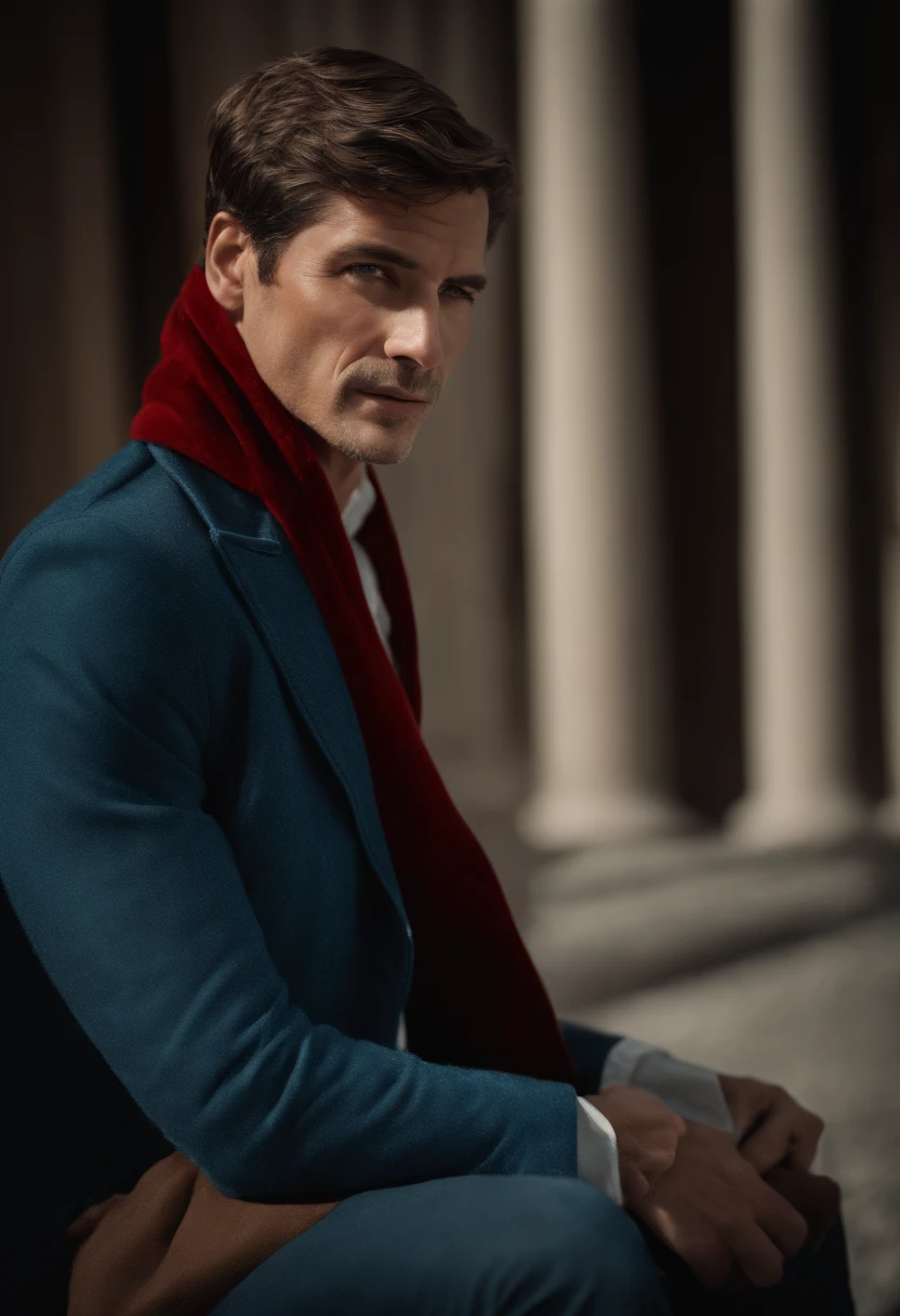 Un homme en rouge, Le style de Patrick Demarchelier. Dressed in a red velvet jacket and blue jeans , Grand et en forme, (40 ans:1.1), (shaven:1.2), (short brown wavy hair:1.5),(very short hair:1.6). in the style of ethereal beauty, Realistic blue sky, Hasselblad 1600F, Hyper-realistic portrait, couleurs vives, Lignes dynamiques, lisse et poli .