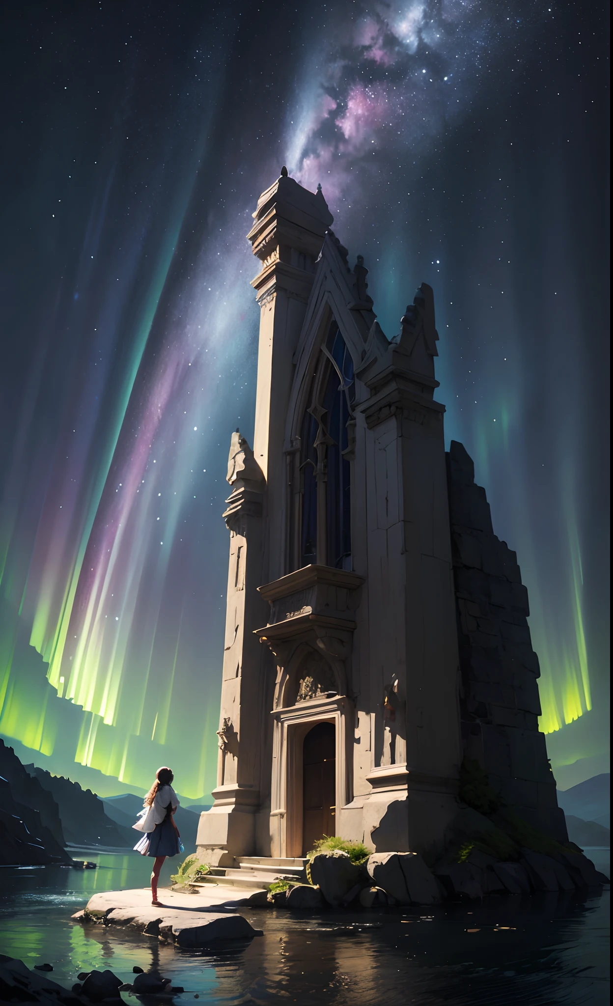 masterpiece、top-quality、ultra-definition、illustratio、(Super fantastic scenery)、plein air、(Girl Flying Far 1.4)、natta、mont、naturey、stele、a moon、Aurora、natural soft light、proffesional、the woods、boulders、a river、shadowy、Contrasty、A clear sky、Constellation Milky Way、calm、serene、serene、secluded、Adventurous、exploration、creativity、imagination、Artistry、inspiration、pleasing、awe、wondrous、connectedness、harmony、balance、Texture、the detail、真实感、depth、Perspective、Contrasty、centre、Background with、naturey、Innovative、experimental、unique、unreal、medieval times、Fantasia、Leprechaun、Impression