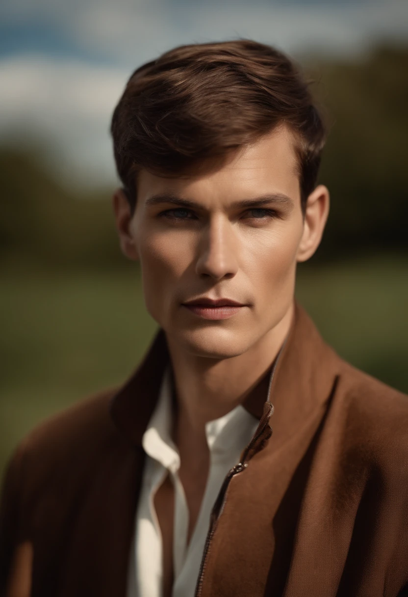 Un homme Handom (en rouge:1:1), (Dans le style de Patrick Demarchelier). porter une veste, Grand et en forme, (40 ans:1.1), (shaven:1.2), (short brown hair:1.5),(very short hair:1.6). in the style of ethereal beauty, Realistic blue sky, Hasselblad 1600F, Hyperrealistic portrait, couleurs vives, Lignes dynamiques, lisse et poli .