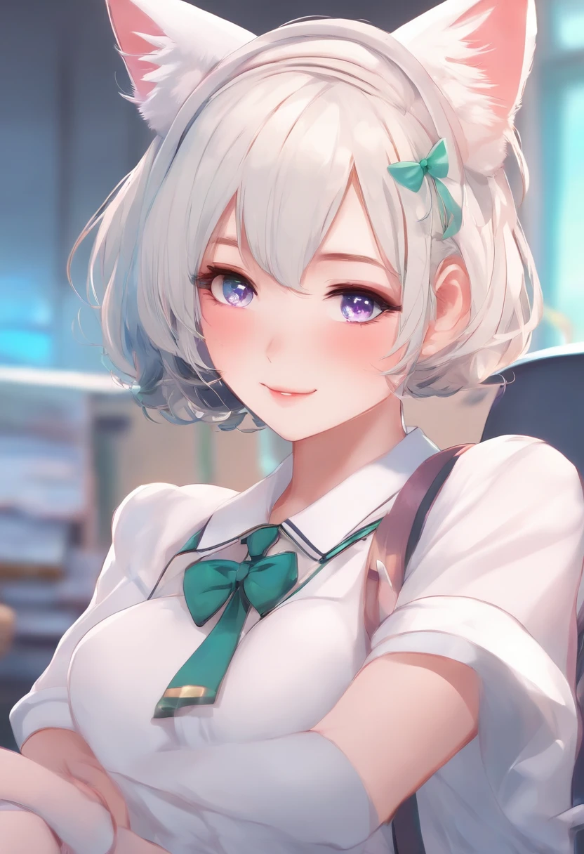 Colorful hair and colorful dress in anime ((cat-eared 1girl)), school uniform pastel vivid, rossdraws cartoon vivid, anime style 4k, beautiful anime portrait, artgerm colorful!!!、! dream art germ, beautiful anime, cat ear 1girl, anime style digital art, anime art wallpaper 4k, anime art wallpaper 4k, digital anime art, highly detailed art germ, school uniform, full body, sitting in her office, white hair, front view, smirking,