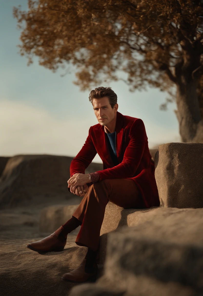 Un homme en rouge, Le style de Patrick Demarchelier. Dressed in a red velvet jacket and blue jeans , Grand et en forme, (40 ans:1.1), (shaven:1.2), (short brown wavy hair:1.5),(very short hair:1.6). in the style of ethereal beauty, Realistic blue sky, Hasselblad 1600F, Hyper-realistic portrait, couleurs vives, Lignes dynamiques, lisse et poli .