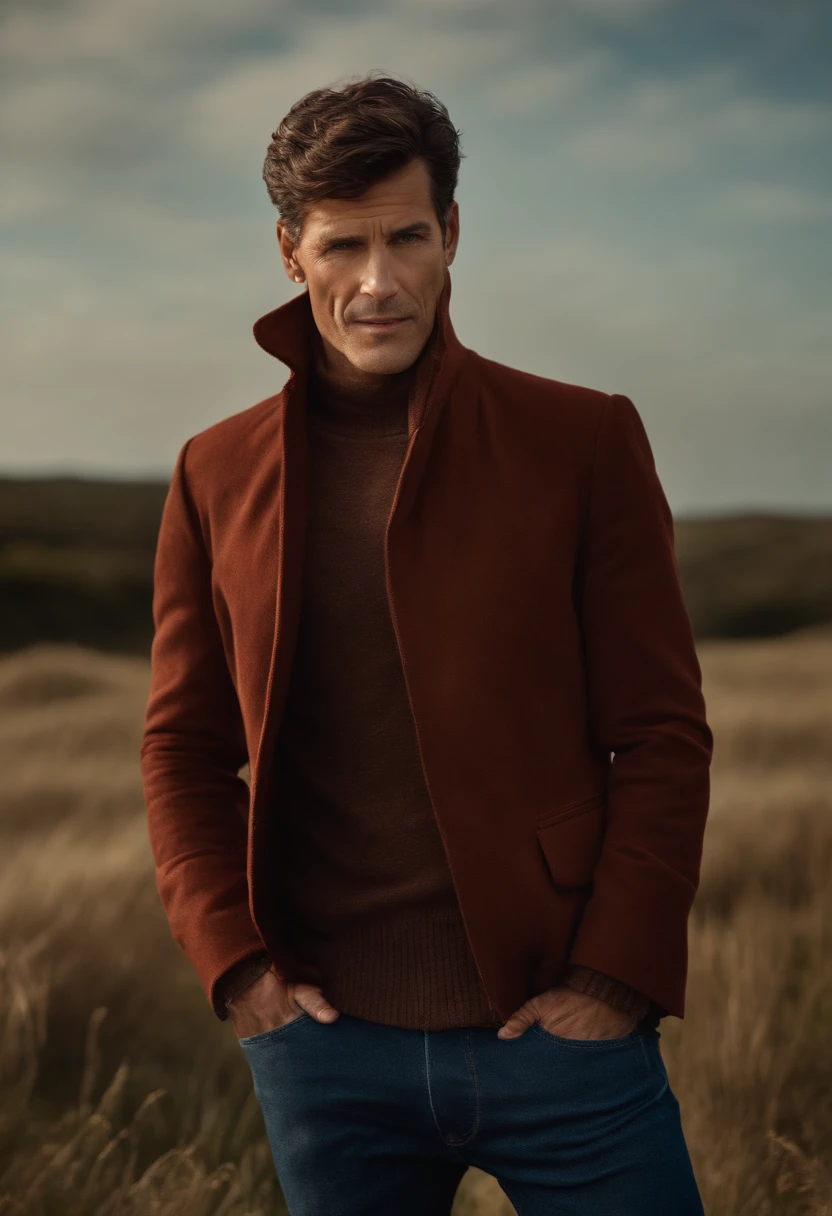 Un homme en rouge, Le style de Patrick Demarchelier. Dressed in a red velvet jacket and blue jeans , Grand et en forme, (40 ans:1.1), (shaven:1.2), (short brown wavy hair:1.5),(very short hair:1.6). in the style of ethereal beauty, Realistic blue sky, Hasselblad 1600F, Hyper-realistic portrait, couleurs vives, Lignes dynamiques, lisse et poli .