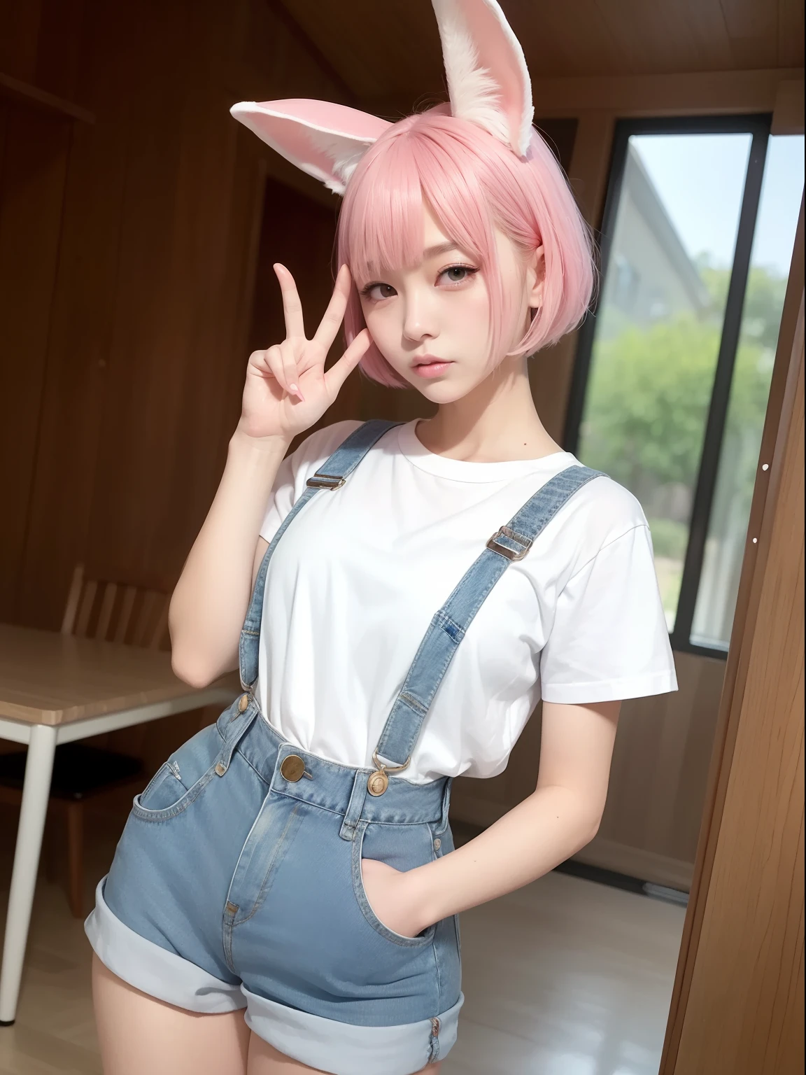 white t-shirts、pasture、Jeans fabric overalls、Pink hair、Realistic rabbit ears、rabbit ears pink hair sticking out of the head,,,,,,,,,,,、Bewitching atmosphere、Beautiful shaped hands、K-POP、Pink rabbit ears、1 girl in、独奏、​masterpiece、top-quality、realisitic、Hyper-detailing、(Glossy skin:1.4)、absurderes、short pink hair、Slender beauties、动态照明、hight resolution、foco nítido、depth of fields、(thick thight:1.0)、A slender :1.2、((Short-cut bob hair))、((k pop:1.3))、Highly detailed facial and skin texture、((魅惑的))、Anatomically correct number of fingers、Correct anatomy、Angle from below