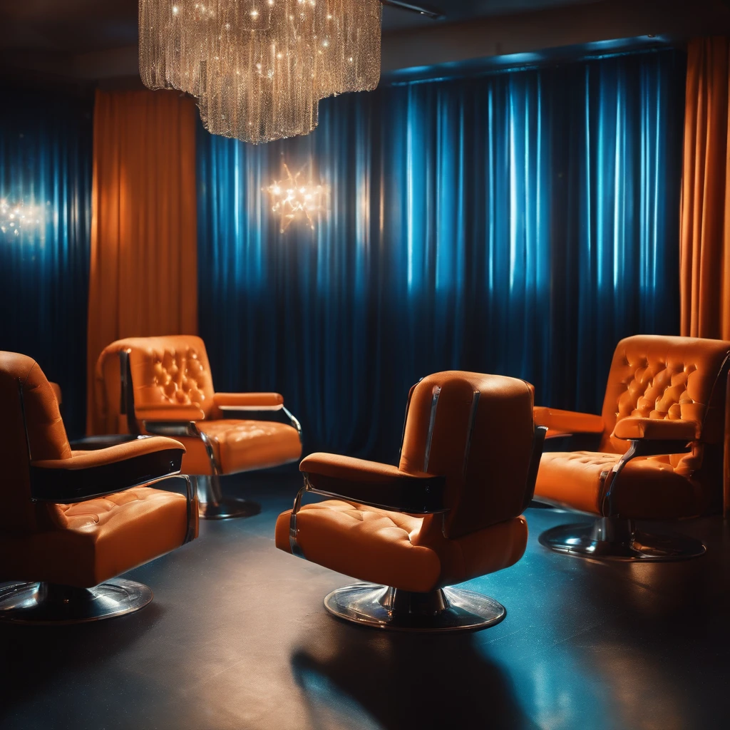 1970s, hairdresser salon, orange and dark blue armchairs with silver glittering finishes, magical atmosphere, glitters, shiny stars and bokeh, pastel colored curtains, vintage, retro futuristic, cinematic, 8k, depth of field, studio light, silk