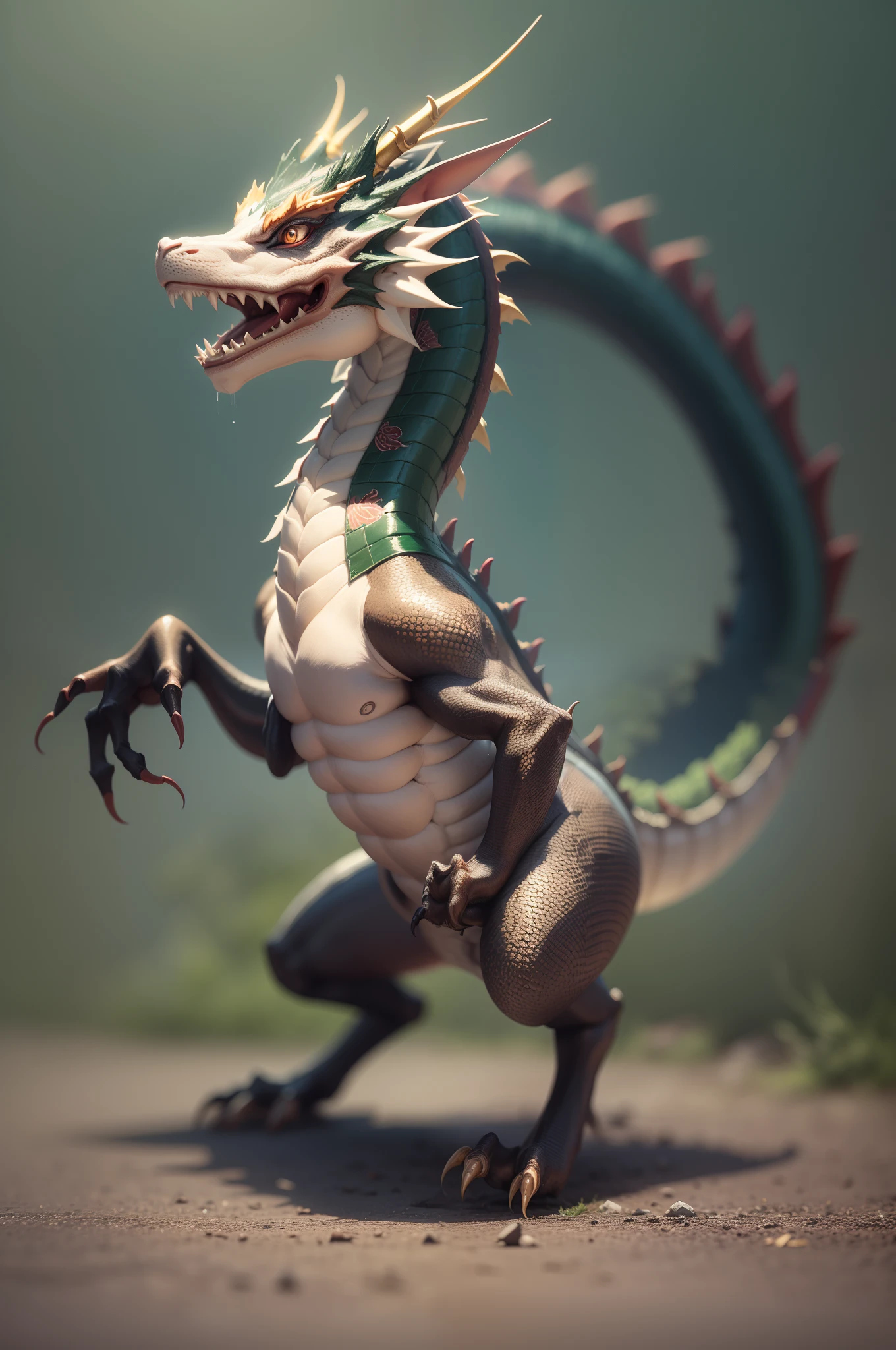 chinese dragon standing on hind legs, it's tail wraps under it amd lays on the ground stretched forward in front of it, it's head and neck are arching up and forwards parralelel with it's tail, it' reaches out with it's front arms midway between head and tail from a side profile it is forming a caoital letter "E"