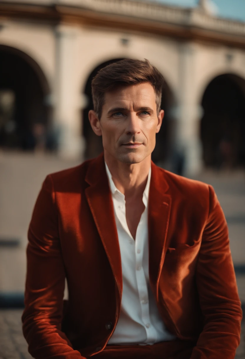 A handsom man in red, the style of patrick demarchelier. wearing a red velvet jacket and blue jeans , Tall and fit, (40 years old:1.1), (shaven:1.2), (short brown hair:1.5),(very short hair:1.6). in the style of ethereal beauty, realistic blue skies, hasselblad 1600f, hyper-realistic portraiture, bold colors, dynamic lines, smooth and polished .