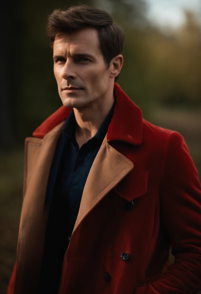 A handsom man in red, the style of patrick demarchelier. wearing a red velvet jacket and blue jeans , Tall and fit, (40 years old:1.1), (shaven:1.2), (short brown hair:1.5),(very short hair:1.6). in the style of ethereal beauty, realistic blue skies, hasselblad 1600f, hyper-realistic portraiture, bold colors, dynamic lines, smooth and polished .