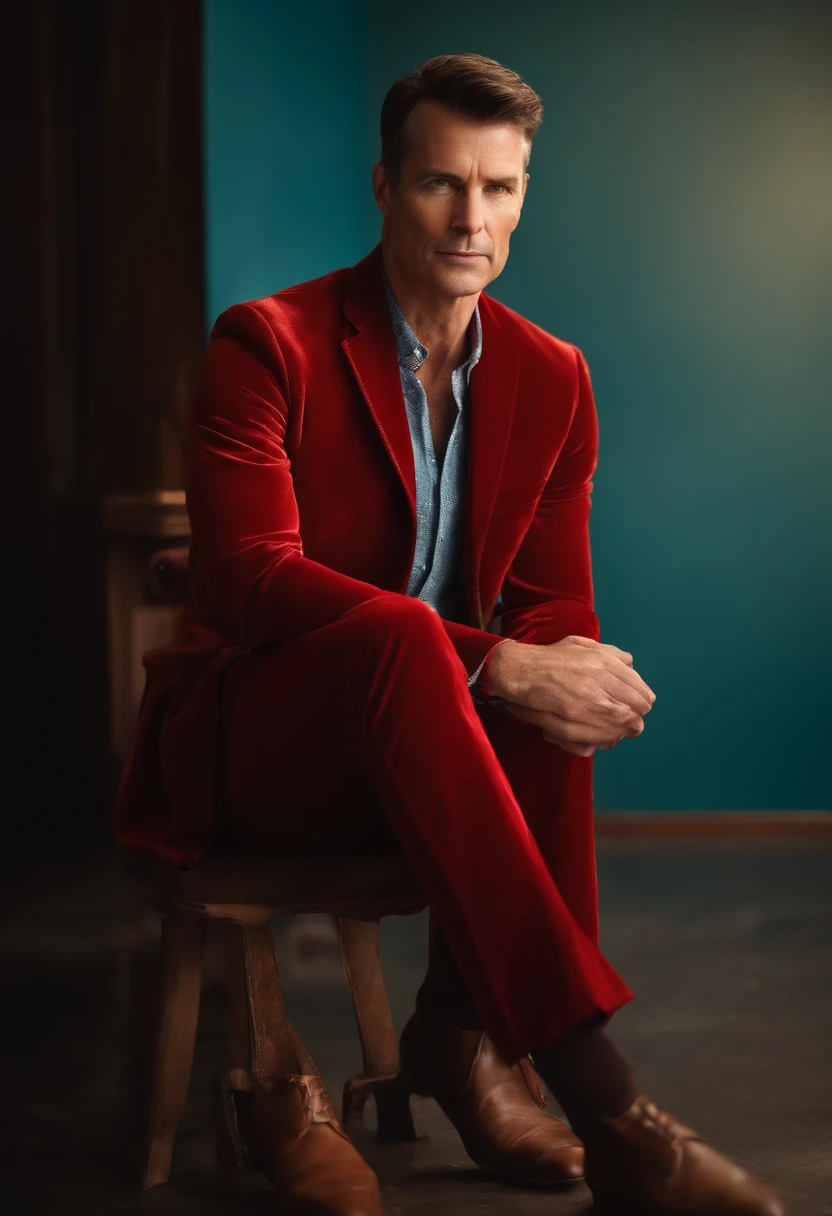 A handsom man in red, the style of patrick demarchelier. wearing a red velvet jacket and blue jeans , Tall and fit, (40 years old:1.1), (shaven:1.2), (short brown hair:1.5),(very short hair:1.6). in the style of ethereal beauty, realistic blue skies, hasselblad 1600f, hyper-realistic portraiture, bold colors, dynamic lines, smooth and polished .