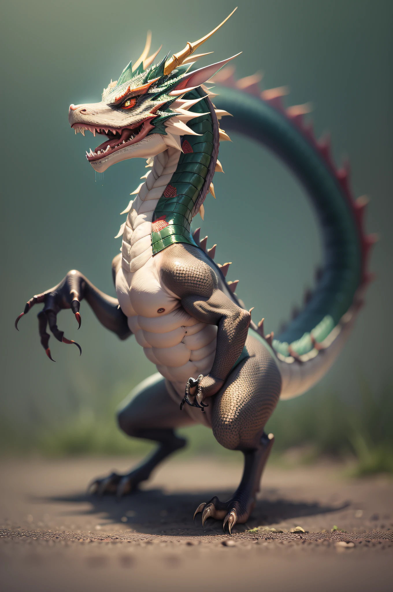 chinese dragon standing on hind legs, it's tail wraps under it amd lays on the ground stretched forward in front of it, it's head and neck are arching up and forwards parralelel with it's tail, it' reaches out with it's front arms midway between head and tail from a side profile it is forming a caoital letter "E"