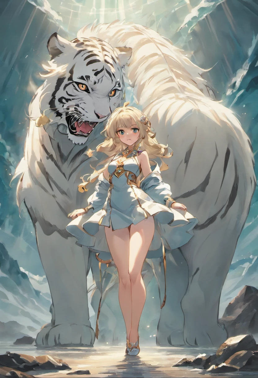the white tiger and a female beautiful beast tamer, mature woman, (mature face:1.4), Mountain and Sea Sutra,mythological beasts, Handsome, mature face, extremely detailed, beautiful shadow and lighting, masterpiece, absurdes
