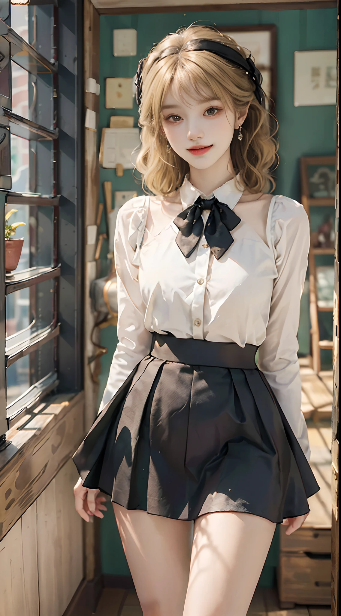 ((full body)), ((Front Shooting)), ((realistic)), 1girll, posed for photo, inside in room, Stand up, pretty legs, Straight legs, The upper body leans forward slightly, with hands behind her back, looking at viewert, Detailed scenes, curlies, Air bangs, Beautiful hair accessories, Brownish-yellow hair, ((White color blouse, neck bowtie, Short black skirt)), (Campus style), warm lights, a warm color palette, Detailed details, ultra-detailliert, (tmasterpiece, best qualtiy), (An extremely delicate and beautiful work), Delicate earrings, Delicate necklace, Simple blurred background, Extreme detail description, Ultra-fine painting, Delicate face, slim toned body, (ssmile, Baring teeth), (anatomy correct)