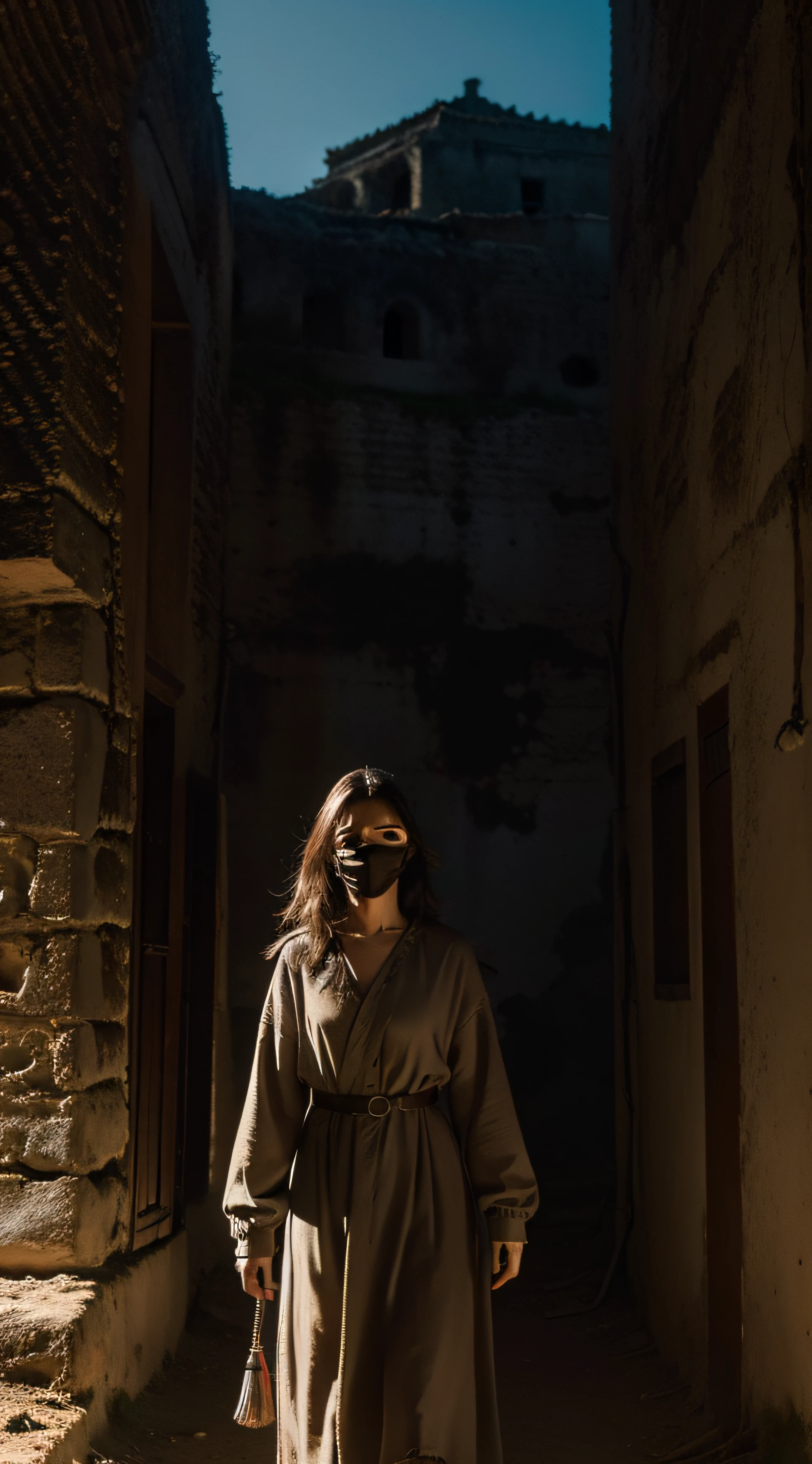 (extremadamente detallado, obra maestra, La mejor calidad, foto antigua, principios de siglo, epic scenery) soldado estilo ciberpunk, armadura robotica, mask, cables, tornillos, luces rojas, paisaje de ruinas. plano cercano. manchas. Caravaggio-style lighting. tenebrismo-