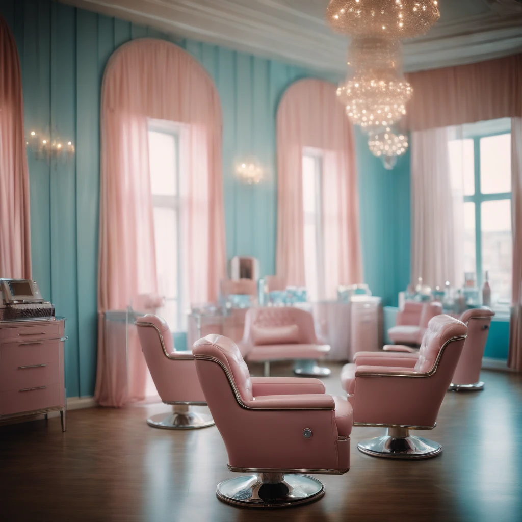 1970s, Close up of a hairstylist working in a hairdresser salon, pink and soft light blue armchairs with silver glittering finishes, magical atmosphere, glitters, shiny stars and bokeh, pastel colored curtains, vintage, retro futuristic, cinematic, 8k, depth of field, studio light, silk