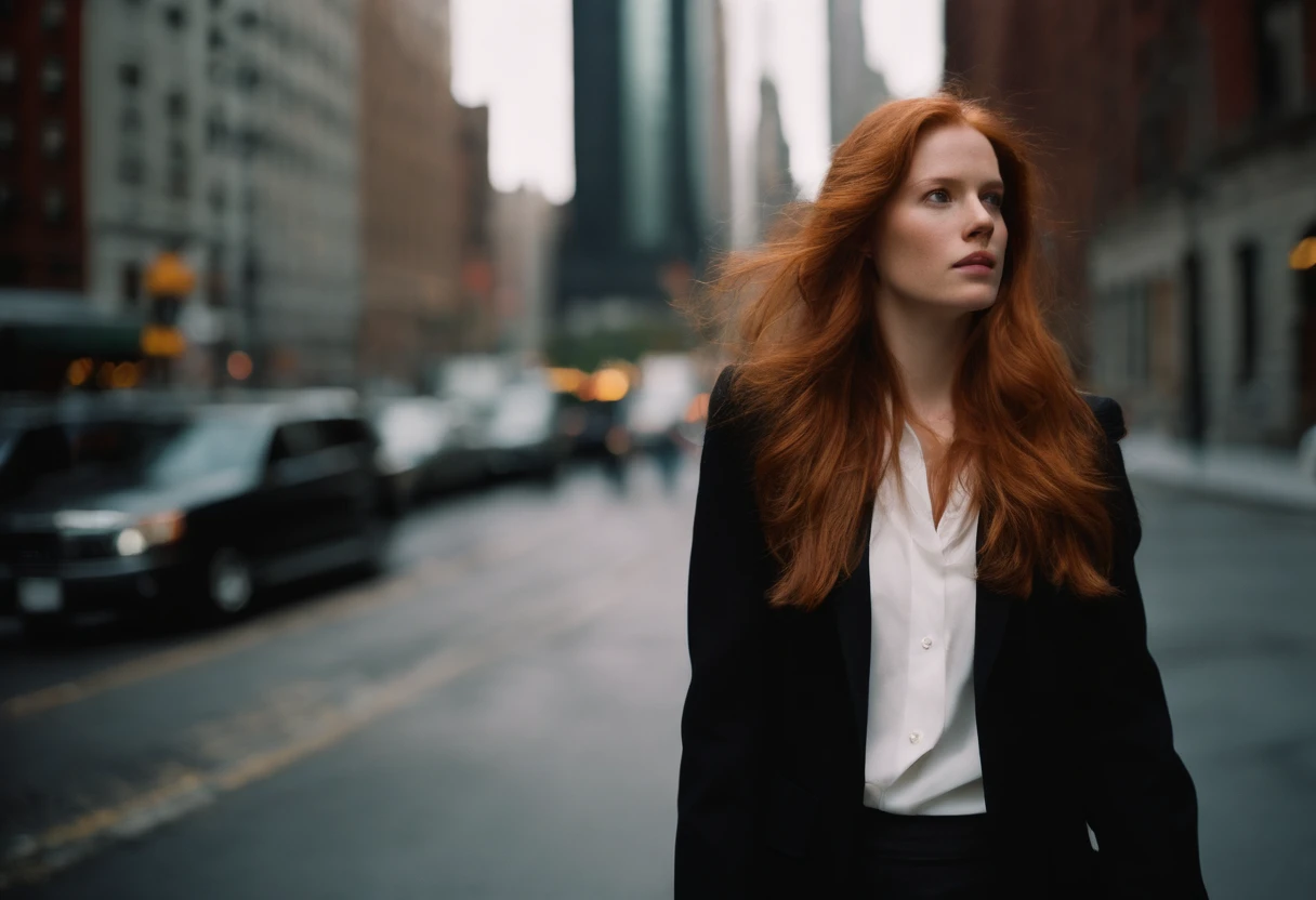 beautiful young woman, 28 year old, ginger hair,floppy hair, cold, (investigative journalist:1,5), dark jacket, white dress shirt, new york city, Photojournalism, 35mm, Kodak Gold 200, Depth of Field, Materiality