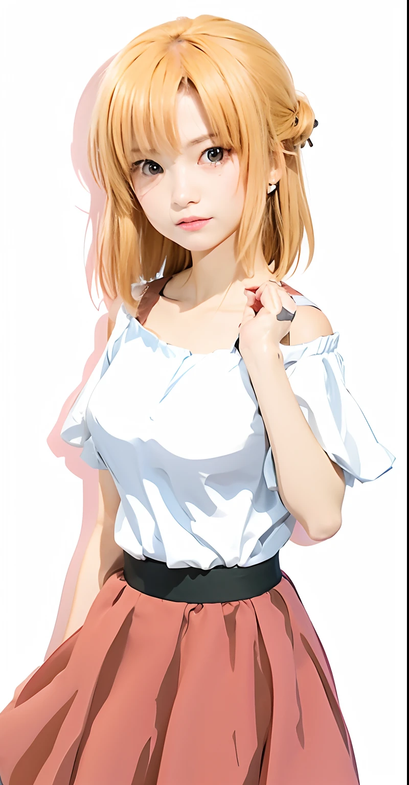 cute girl, short brown hair, white dress, orange skirt, Asuna Yuuki from sao, anime girl, realistic