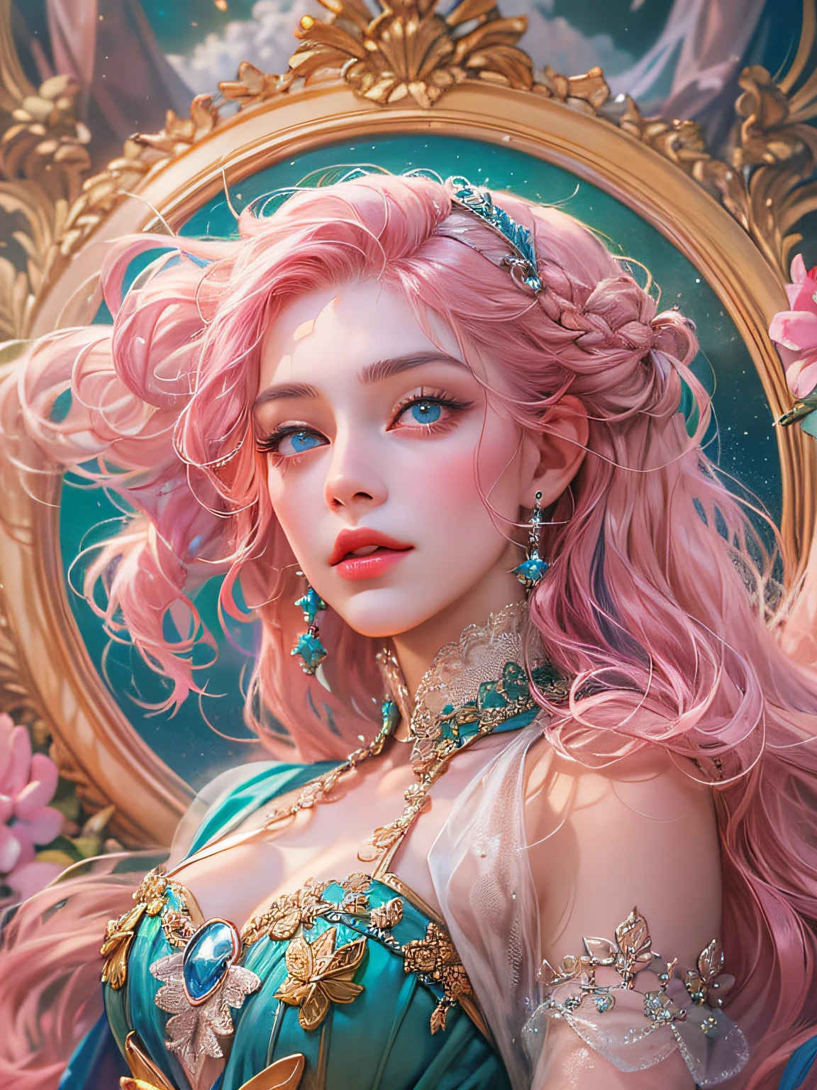 (absurdres, highres, ultra detailed, HDR), masterpiece, best quality, a mature heroine, detailed face, beautiful face with decorative detailed (single braid pink hair) (blue eyes), pink details , Pink touch and blue little outline, with pink magic mirror inside celestial palace, detailed character, detailed celestial place of goddess, laplace, detailed backdrop