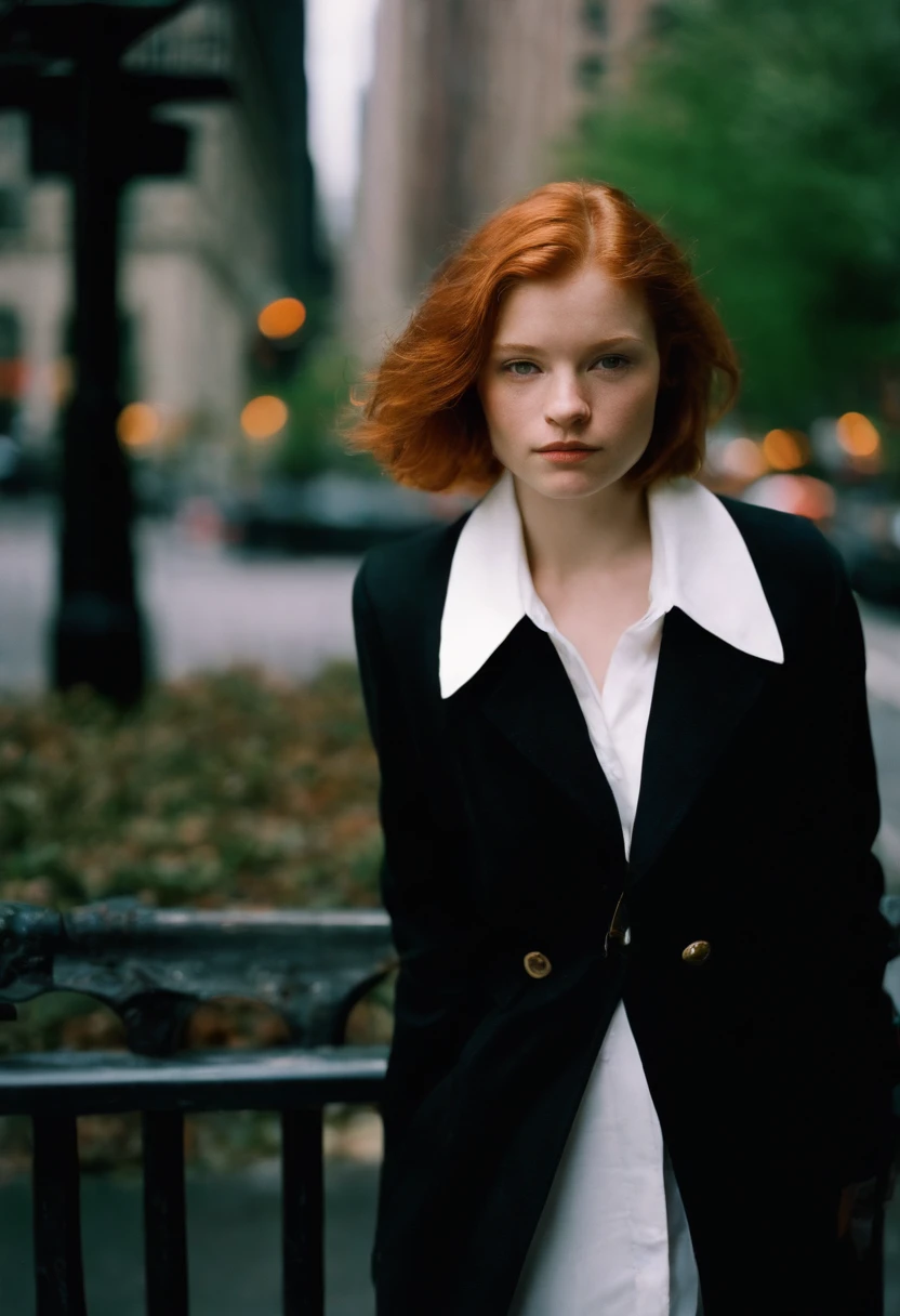 beautiful petite young woman, 18 year old, short ginger hair,floppy hair, cold, (investigative journalist:1,5), dark jacket, white dress shirt, new york city, Photojournalism, 35mm, Kodak Gold 200, Depth of Field, Materiality