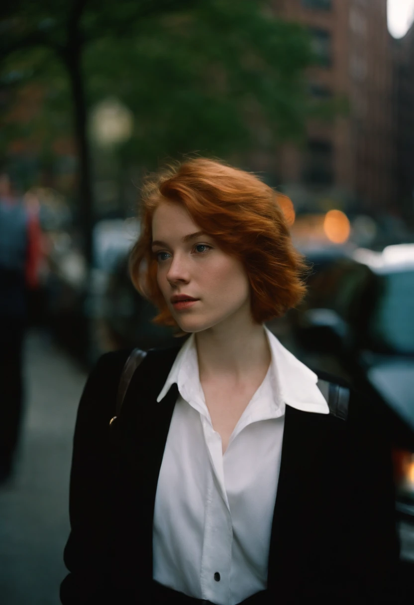 beautiful ite young woman, 18 year old, short ginger hair,floppy hair, cold, (investigative journalist:1,5), dark jacket, white dress shirt, new york city, Photojournalism, 35mm, Kodak Gold 200, Depth of Field, Materiality