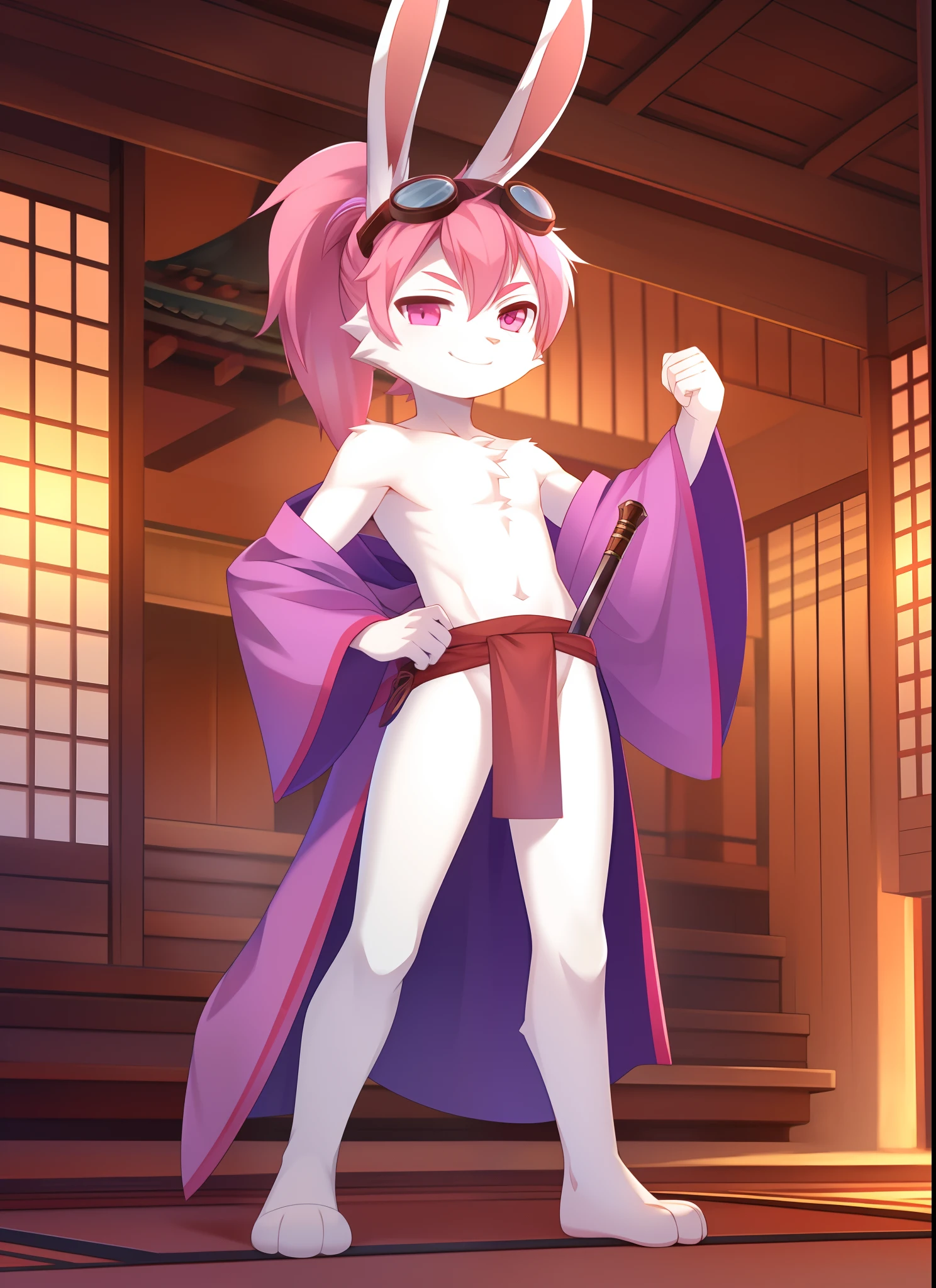 Furry shota, young, rabbit, long rabbit ears, pink hair, long spiky ponytail, spiky hair, detailed body fur, Pink eyes, purple kimono, open kimono, red loincloth, goggles, masterpiece, looking at you, white body fur, detailed face, big eyebrows, detailed eyes, detailed body, no muscles, japanese temple, clear sky, detailed hands, flat body, glistering body, shiny body, skinny, spectacular effects, sassy face, paws whit three toes, full body, katana on hips, hand on katana,