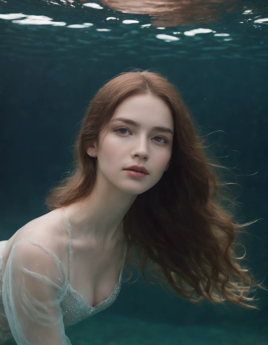 ocean floor,1girll,Floating hair,Eyes with a story,ers old,Hair flows in the water,Full body like,1 giant carp, Buble,air bubble, under the water, The sun refracts light, dingdall effect,8K, Super Meticulous, Best Quality, masutepiece, Photorealsitic,skin textures