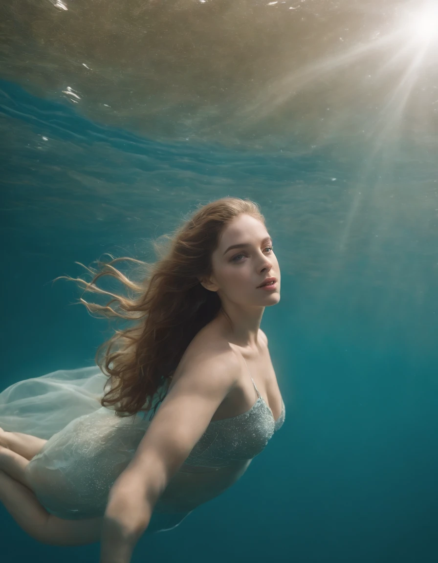 ocean floor，1girll，Floating hair，Eyes with a story，ers old，Hair flows in the water，Full body like，1 giant carp， Buble，air bubble， under the water， The sun refracts light， dingdall effect，8K, Super Meticulous, Best Quality, masutepiece, Photorealsitic，skin textures