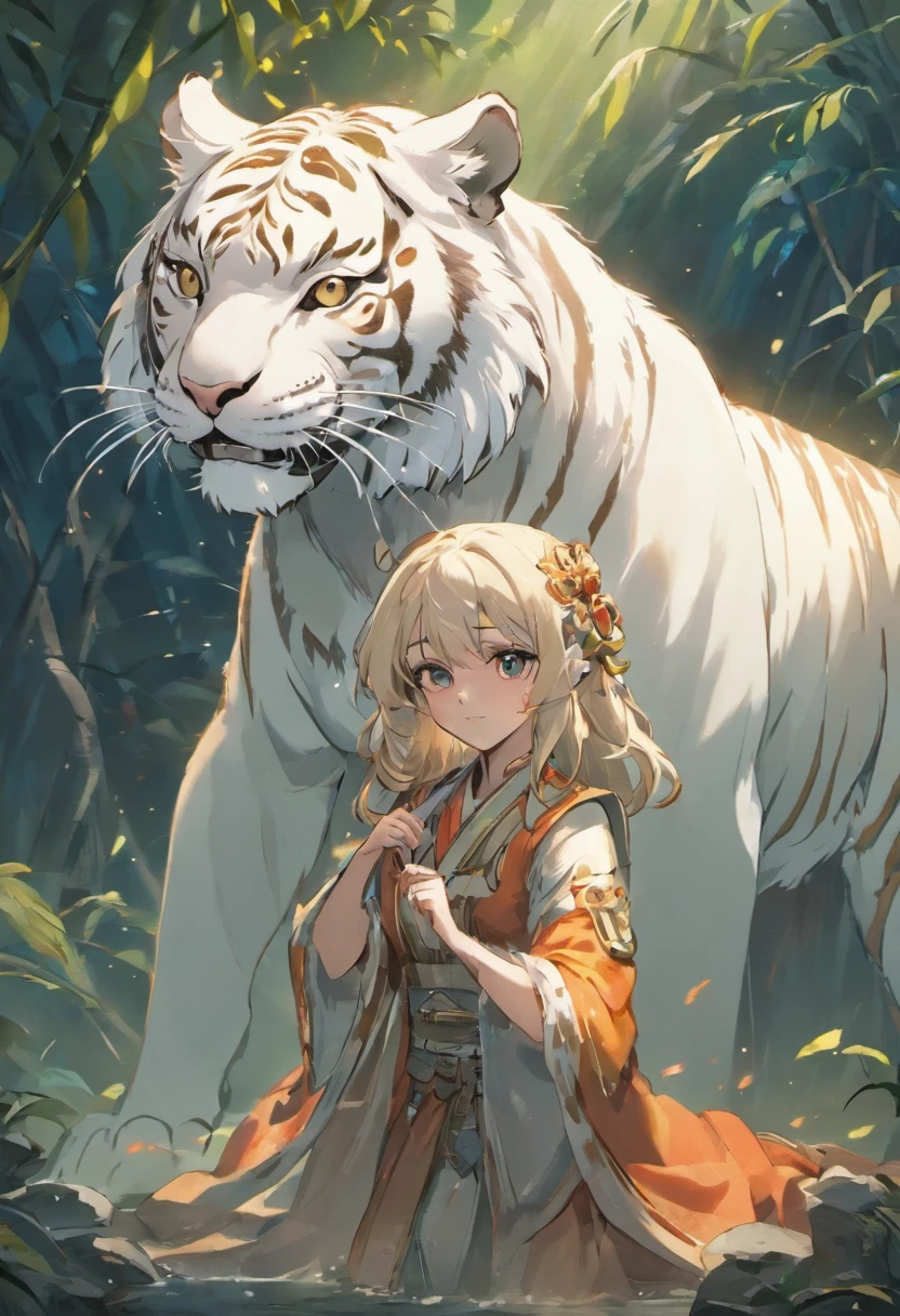the white tiger and a female beautiful beast tamer, (mature woman:1.4), (mature face:1.4), Mountain and Sea Sutra,mythological beasts, Handsome, mature face, extremely detailed textures, beautiful shadow and lighting, masterpiece, absurdes