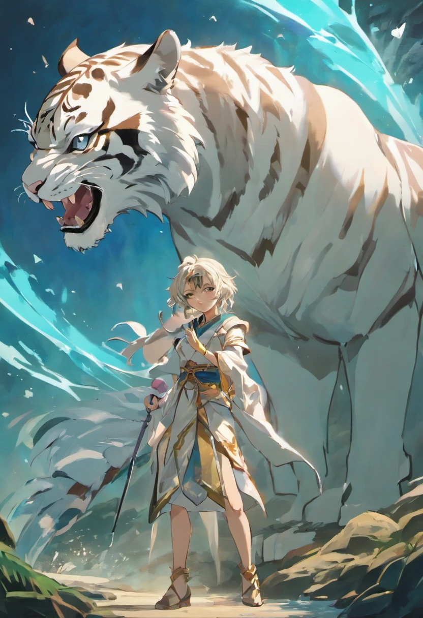 the white tiger and a female beautiful beast tamer, (mature woman:1.4), (mature face:1.4), Mountain and Sea Sutra,mythological beasts, Handsome, mature face, extremely detailed textures, beautiful shadow and lighting, masterpiece, absurdes