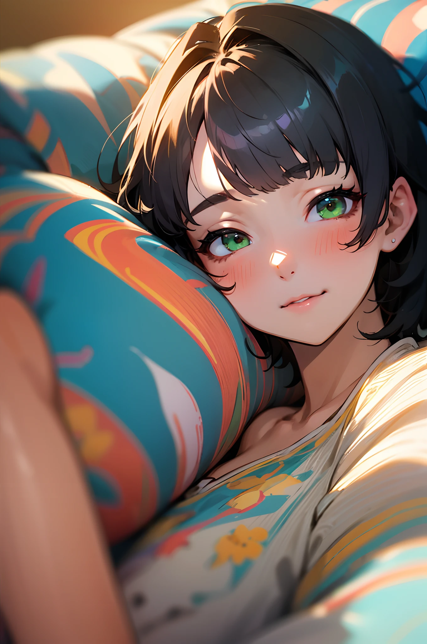 (Best Quality, hight resolution:1.2, Ultra-detailed),-yeld beiful girl、独奏、tits out、fullnude、detailed faces and eyes、short-hair、Disheveled black beautiful hair、Blunt bangs、Shining green eyes、Ahe-face:1.5、Laugh、shinny skin、Navel、at bedroom、Sleeping on the bed、Evening glow、blurry backround