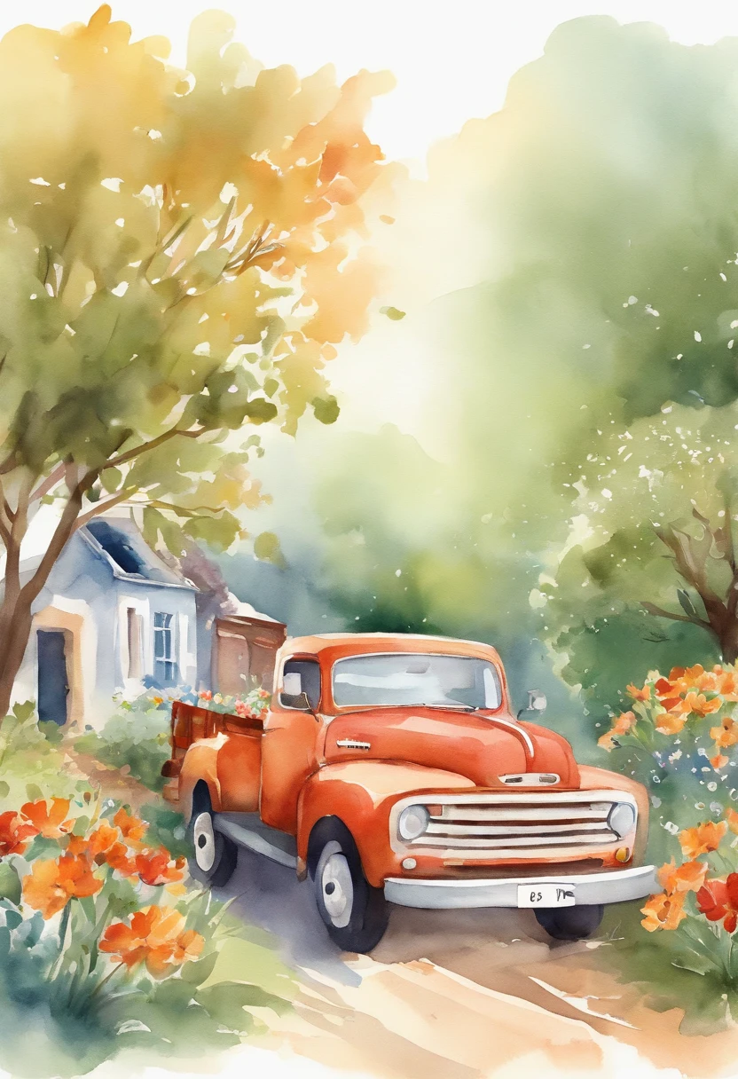 There was a blue truck in the back,There are flowers on it。, Watercolor illustration style, on a bright day, vehicle illustration, hd illustration, added detail, clear day, white bg, Watercolor illustration, with colorful flowers and plants, cheerful mood, WaterColor style, best on adobe stock, Cheerful ambiance, author:Elaine Hamilton, Full of flowers, full color digital illustration